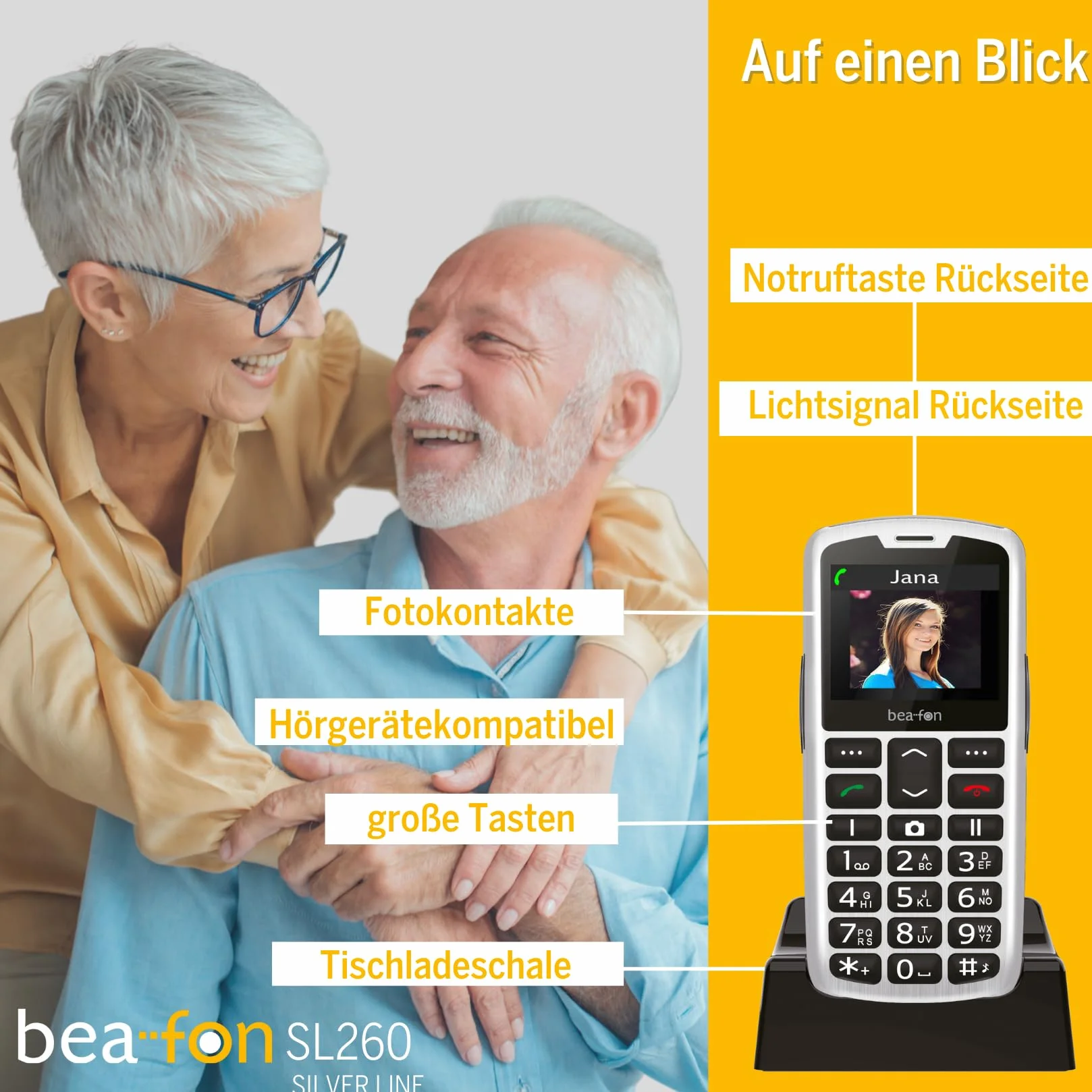Beafon, SL260, Silverline, telefon z przyciskiem, telefon komórkowy dla seniorów z przyciskiem alarmowym SOS, kompatybilny z aparatami słuchowymi, M4/T4, sygnał świetlny, wyświetlacz 2,2" (5,58 cala