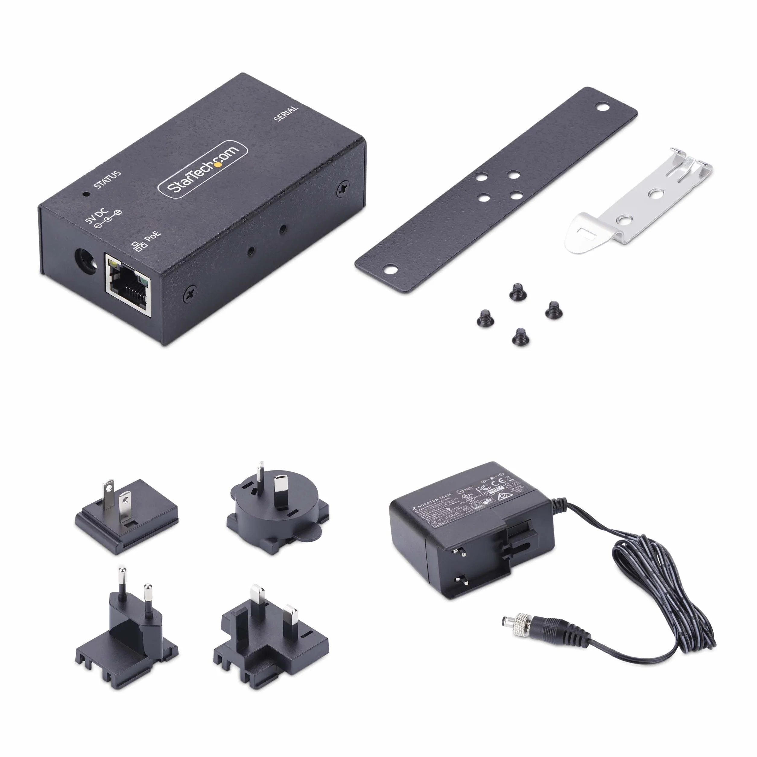 StarTech.com 1-portowy adapter szeregowy na Ethernet, serwer urządzeń szeregowych zasilany PoE 802.3af, szyna ścienna/DIN, konwerter LAN na DB9