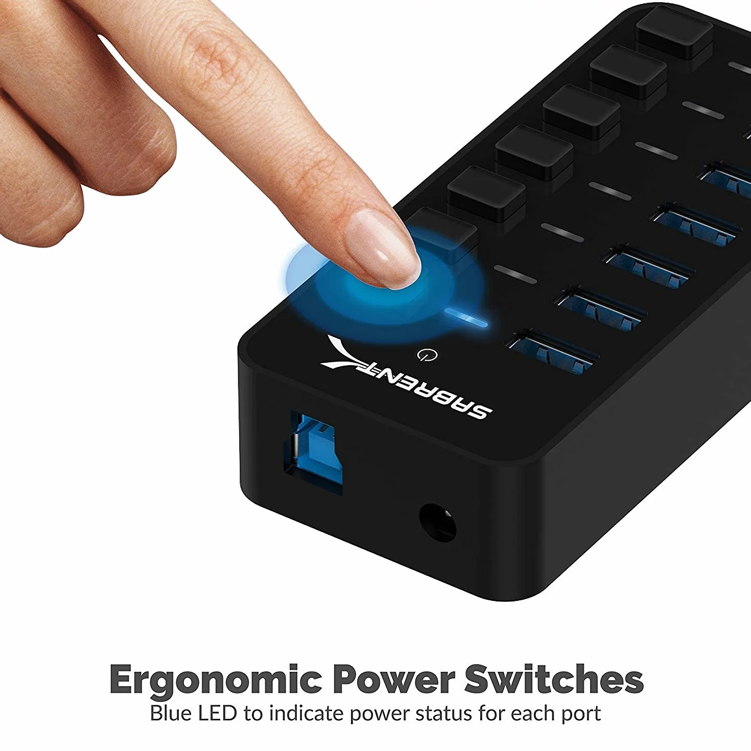 SABRENT Koncentrator USB Zasilany, Stacja Dokująca 3.2 z 7 Portami, Adapter 5V/3A 36W, Wieloportowy z Przełącznikami i Indywidualnymi Diodami LED (HB-BUP7) | Pojedyncze przełączniki zasilania + diody LED; zawiera zasilacz 36 W 12 V/3 A