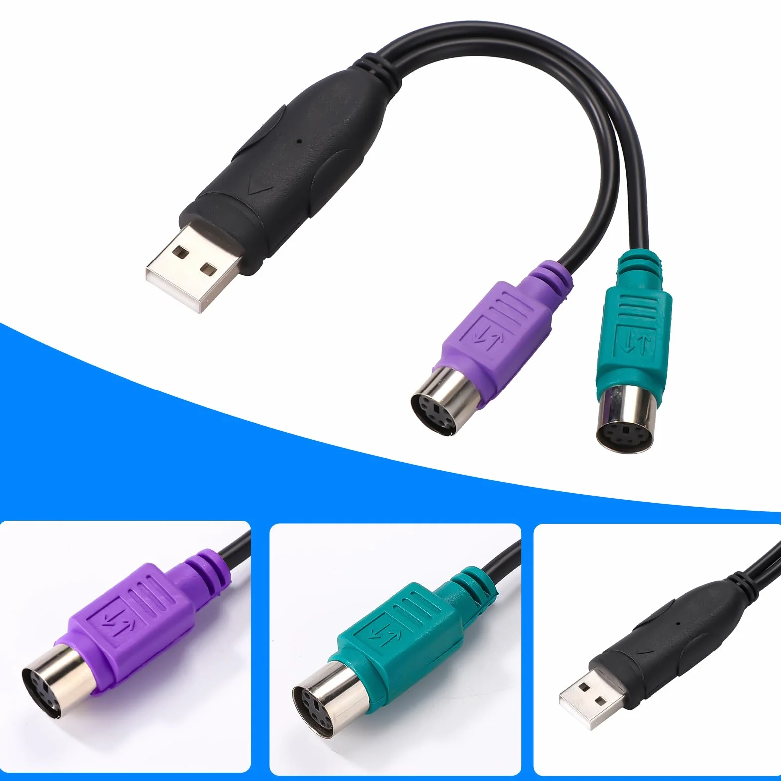 2szt Adapterów PS2 do USB, 18,9cm Długości Konwerter Klawiatury i Myszy PS/2 na USB (Porty Fioletowe i Zielone)