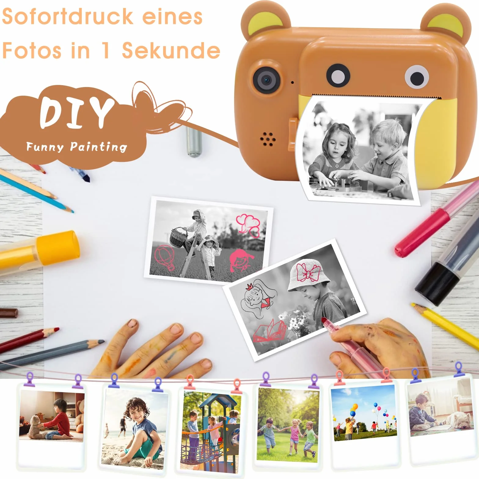 Aparat natychmiastowy dla dzieci, ekran LCD 6,1 cm, cyfrowy aparat dla dzieci, z 6-krotnym zoomem, podwójny obiektyw 24 MP, rejestrator wideo 1080p, prezent dla chłopców i dziewczynek (brązowy)