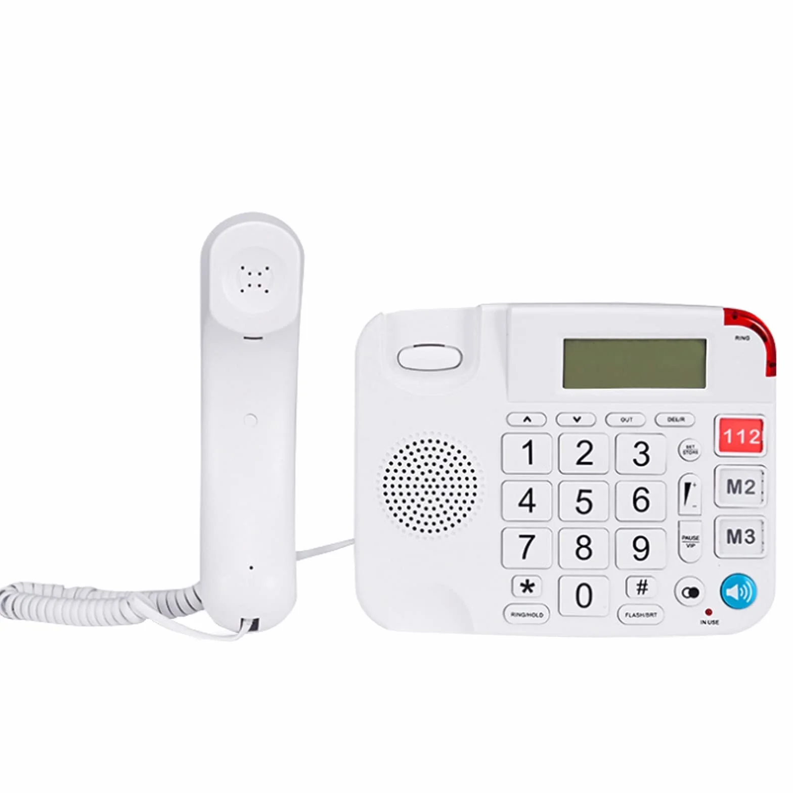 Telefon stacjonarny, czteropasmowy telefon stacjon Telefon z dużymi przyciskami dla seniorów, funkcja budzika, funkcja głośnomówiąca, czysty dźwięk, idealny dla seniorów, z wyświetlaczem identyfikator