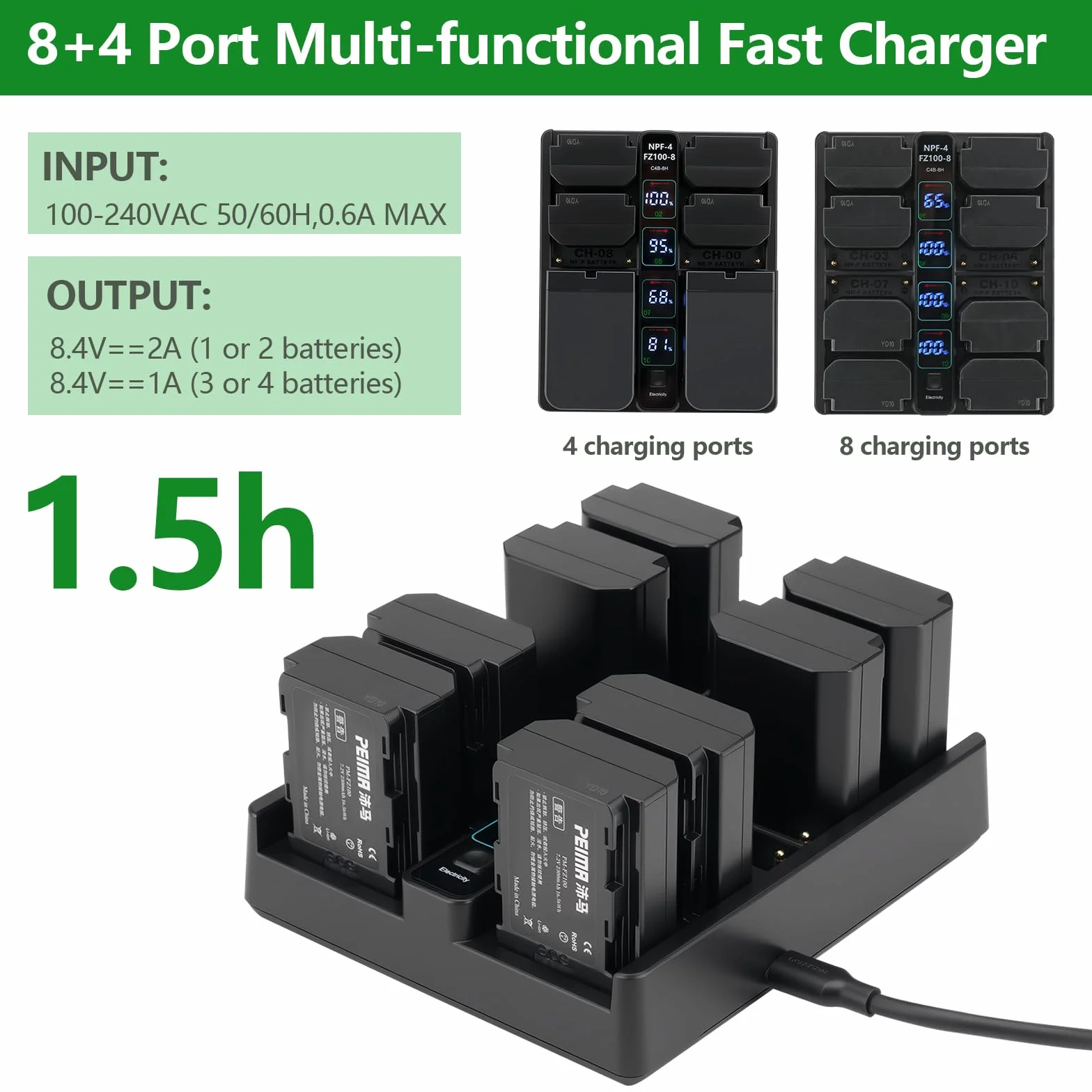 Peima C4B-8H szybka ładowarka do aparatu PD, 4-krotna NP-F PD i 8-krotna stacja ładująca FZ100, szybkie wejście USB-C PD, inteligentny wskaźnik stanu LED, kompaktowa konstrukcja