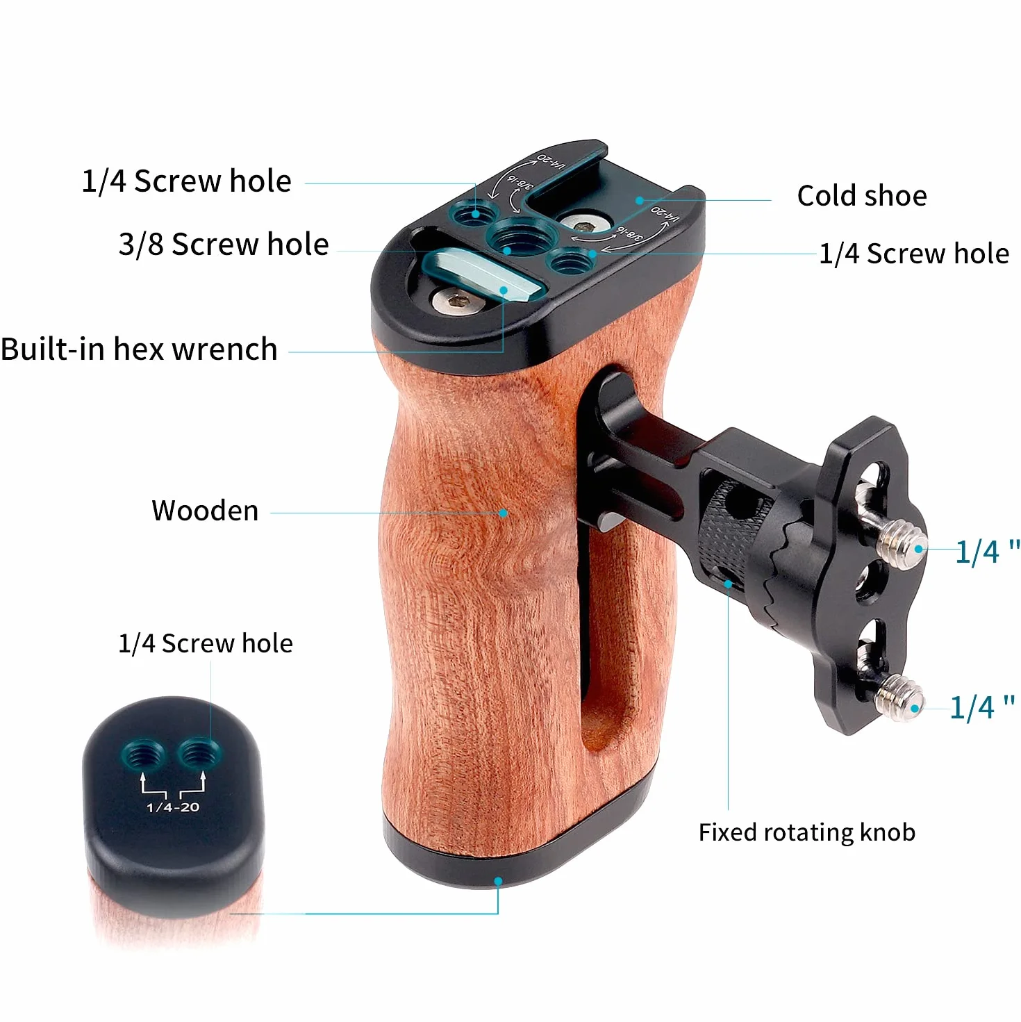 FOTGA Drewniany mini uchwyt boczny lewy/prawy uchwyt z uchwytem 1/4"-20 i 3/8"-16 & Cold Shoe Mount Universal do lustrzanek bezlusterkowych klatki na aparat Rig Video Light (wersja Quick Releae)