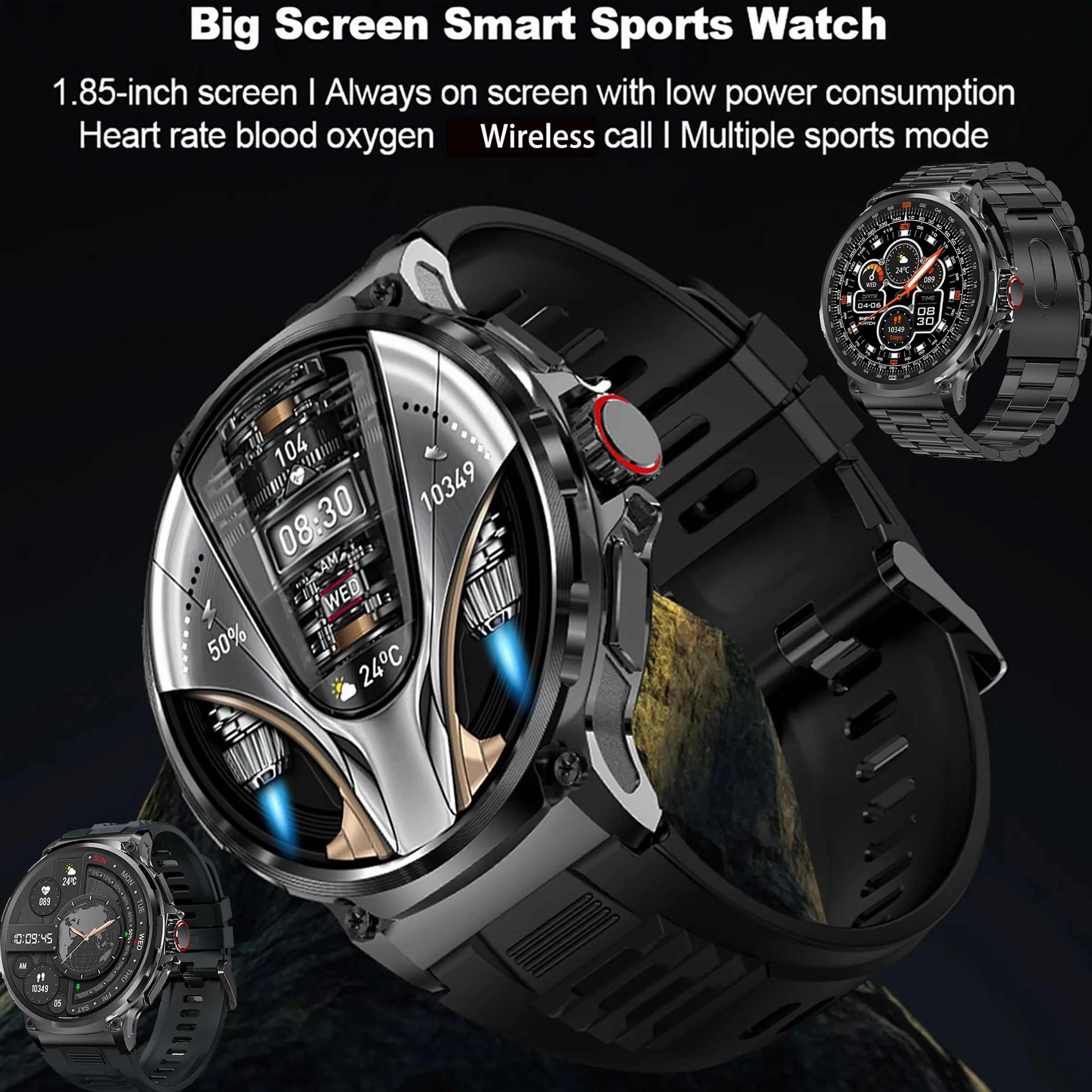 Smart Watch dla mężczyzn z funkcją telefonu, 1,85" AMOLED okrągły ekran, monitor tętna, śpiączki, krokomierz i połączenia telefoniczne