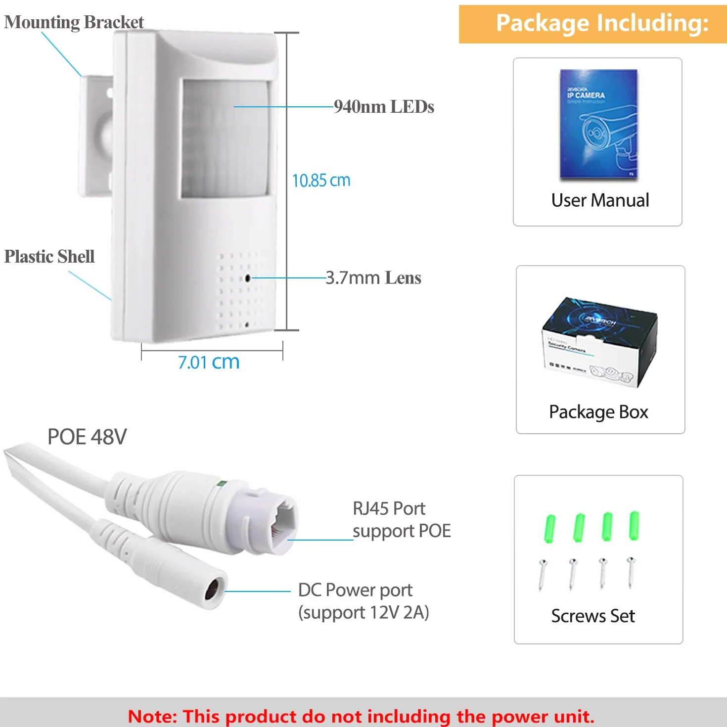 Kamera HD 5 MP PIR Audio POE IP, obiektyw 3,7 mm, widok 80°, 940 nm, LED IR noktowizor, kamera CCTV, mini kamera do monitoringu wewnętrznego, PIR, kamera wideo P2P H.265 (IPIR-P-A-HS, biała)