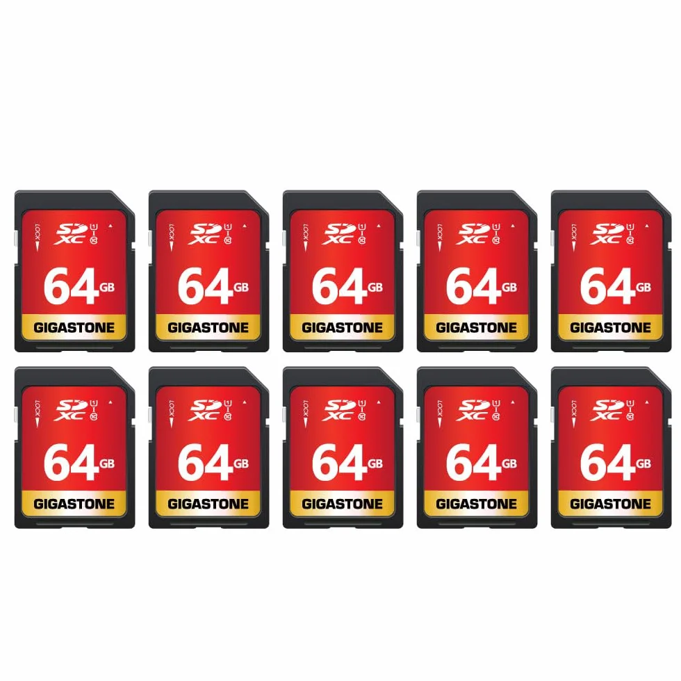 GIGASTONE 64 GB Zestaw 10 kart pamięci SDXC, seria premium, prędkość 80 MB/s. Kompatybilny ze zdjęciami, filmami, muzyką, kamerą, komputerem, U1 UHS-I Class 10 dla UHD Wideo, z 10 mini etui