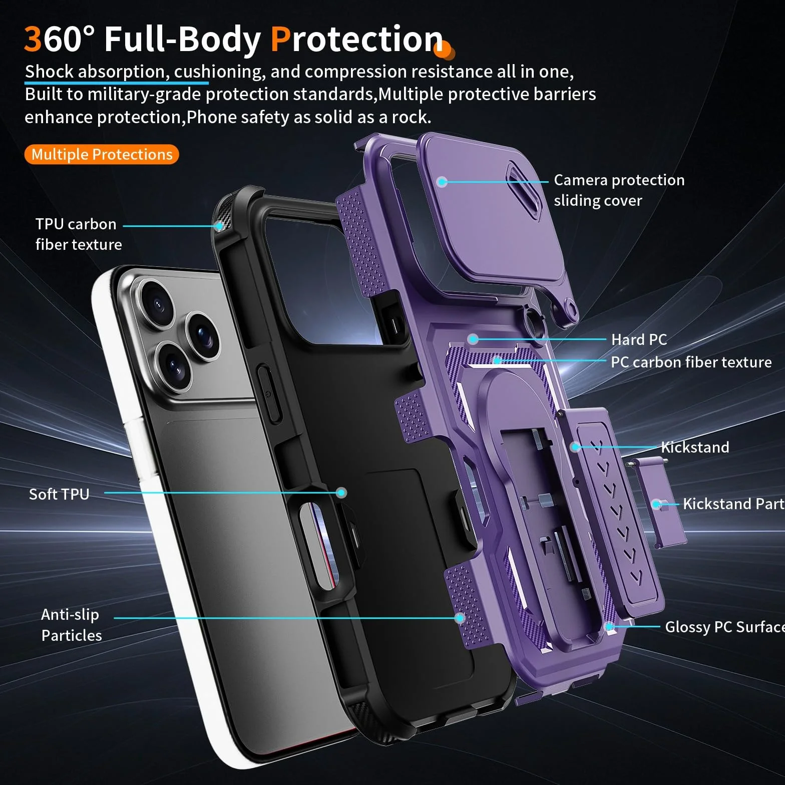 Generic etui kompatybilne z iPhone 17 Pro (kolor: fioletowy) osłona aparatu przesuwnego stojak twardy tył twarde silikonowe etui