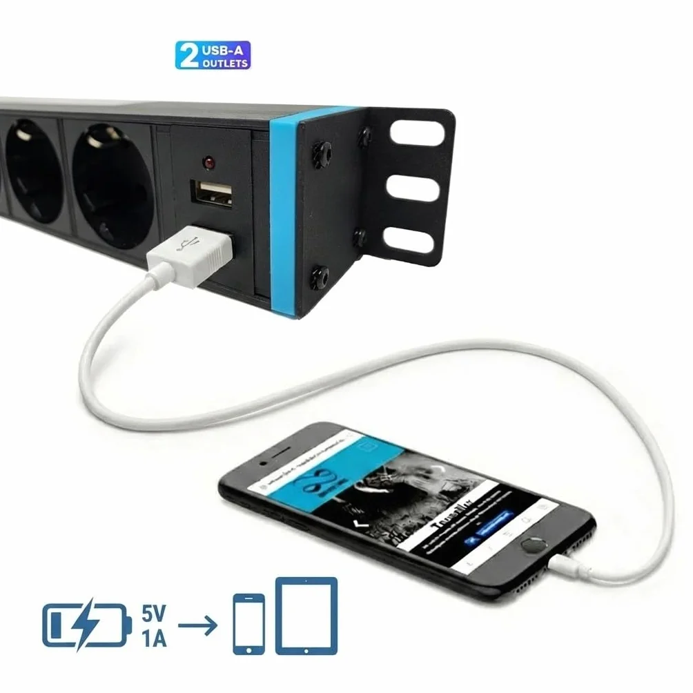 Infitronic - INSV1006 – 19 cali 8-krotna listwa zasilająca, rozdzielacz prądu 1 HE z 2 x USB Charging