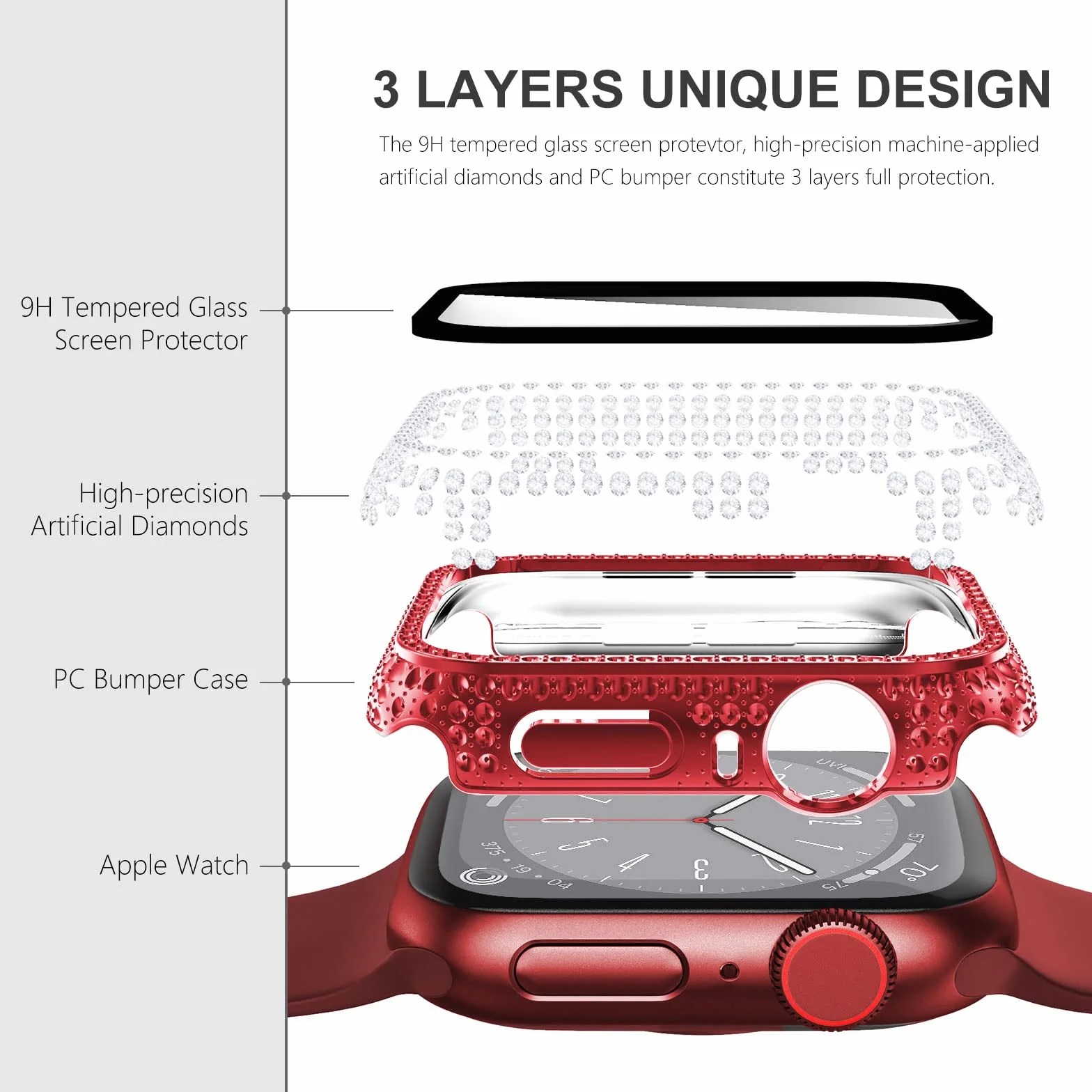 Surace Etui kompatybilne z Apple Watch 40 mm, 300 diamentów, z osłoną ekranu do Apple Watch serii 6/5/4/3/2/1, błyszczące etui ochronne ze szkła hartowanego, osłona ochronna na 38 mm, 40 mm, 42 mm, 44