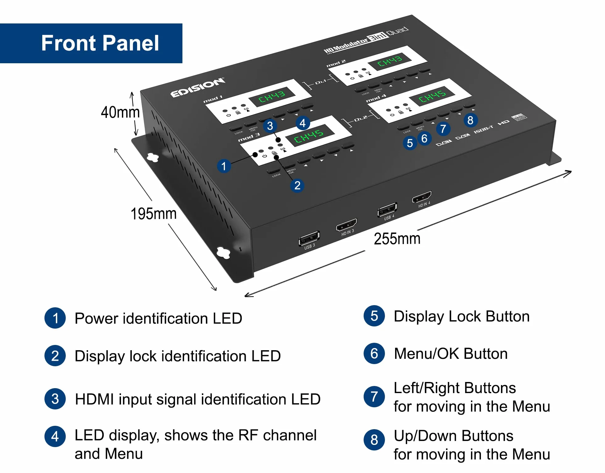 EDISION HDMI MODULATOR 3in1 QUAD, Modulator RF 4x HDMI do naziemnego DVB-T, ISDB-T lub kabel DVB-C MPEG4, 3 DO WYBORU SYGNAŁY modulacji, Dystrybucja Full HD przez kabel koncentryczny, Podłącz i graj