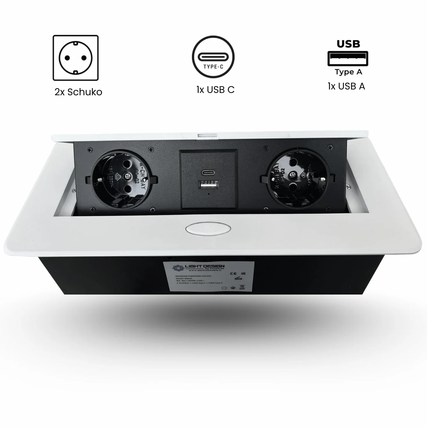 Gniazdo wpuszczane z 2 gniazdami SCHUKO + 2 gniazdami USB. 3-metrowy kabel do biurka, biura, sali konferencyjnej, blatu roboczego (biały)
