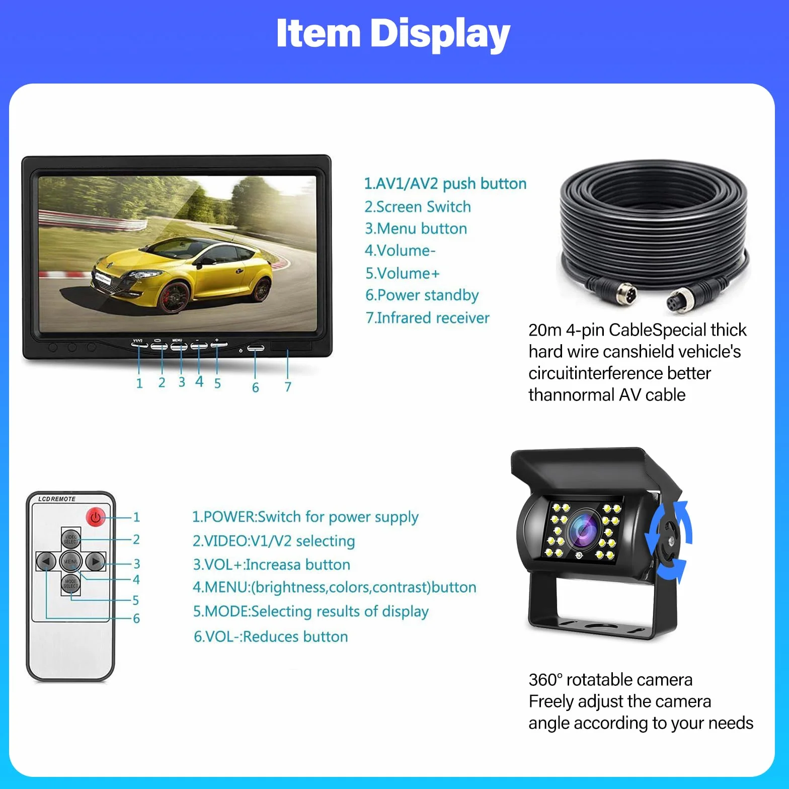 Samochodowa kamera cofania z 7-calowym wyświetlaczem LCD, monitor samochodowy z kamerą cofania IP67, wodoodporna 18 IR noktowizor - 2 kamery cofania + 2 kable do ciężarówki, autobusu/van/przyczepy 12