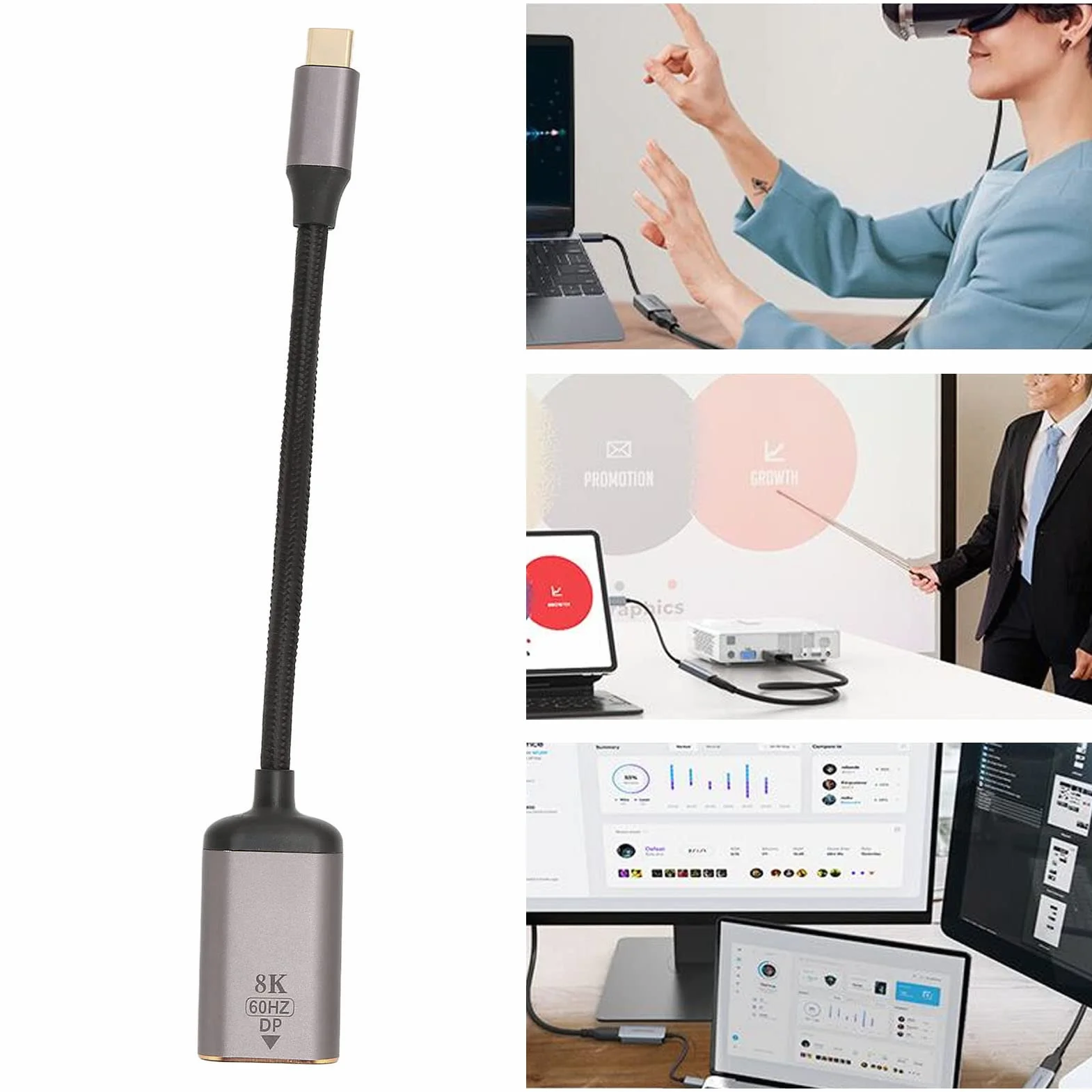 Adapter USB C na DisplayPort, Konwerter 8K 30Hz 4K 144Hz HDR Typu C na DP 1.4 do Domowego Biura, Projektor