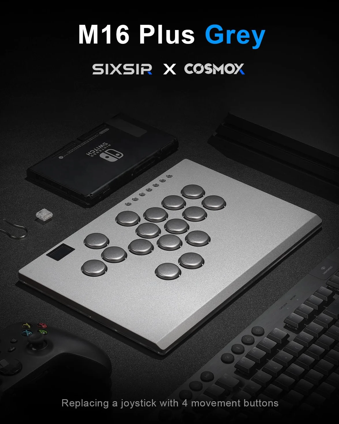 SIXSIR M16+ duży i cienki gamepad zręcznościowy ze stopu aluminium, niskoprofilowe przełączniki kryształowe, niestandardowy kontroler RGB bez dźwigni do komputerów PC/PS4/PS3/Switch (szary)