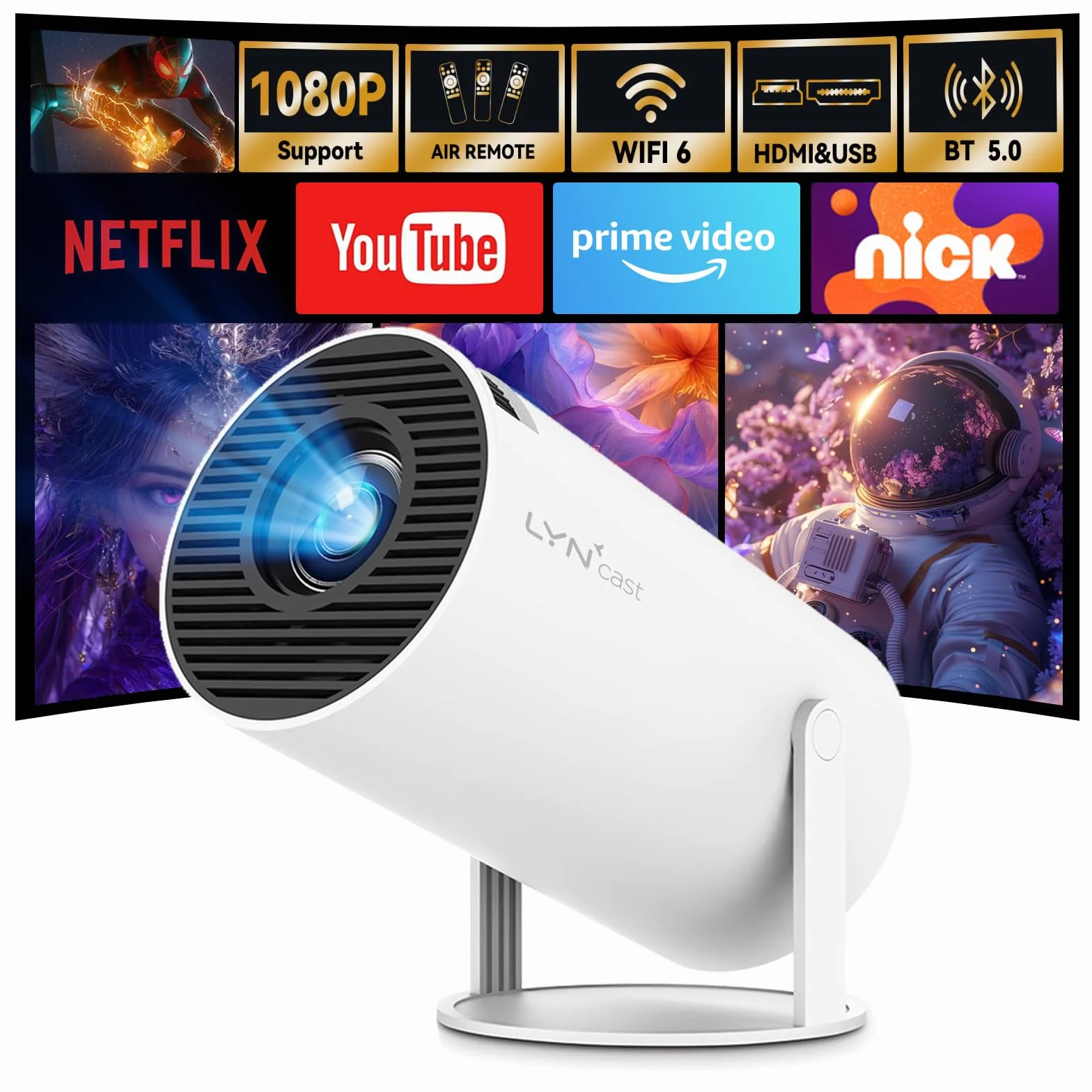 【Automatyczna Korekcja Trapezu】Inteligentny projektor HY300 Pro z Wi-Fi 6 i Bluetooth 5.4, 1080P i wsparcie 4K, Android 14, wbud. aplikacje, przen. mini projektor kompatybilny z HDMI/iOS/Android/USB