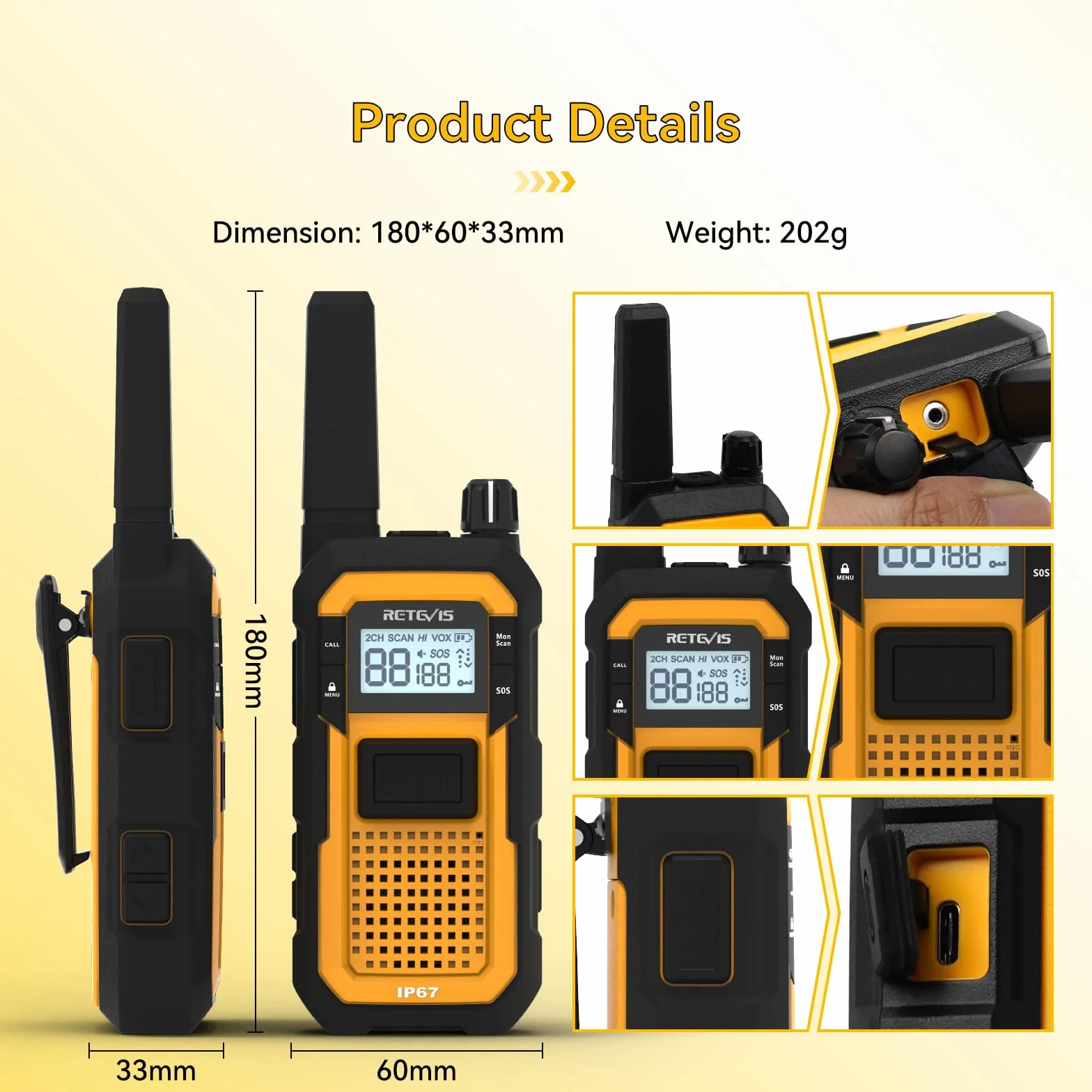 Retevis RB648 Walkie Talkie, IP67 Wodoodporne Radio Z 6-DrożNą łAdowarką, 2000mAh, Podwójny PTT, Wibracja VOX, Wytrzymałe Walkie Talkie dla Dorosłych, Miejsca Pracy, Przemysłowe (6 Szt., Żółty)