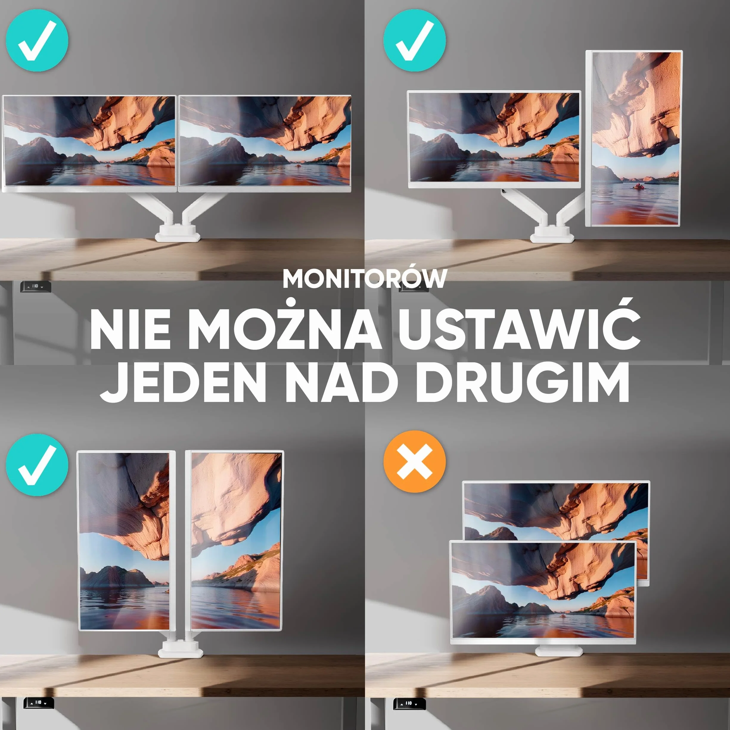 ONKRON Uchwyt Biurkowy Na 2 Monitory dla Ekranów 13-32 cale, do 2x10 kg, Ramię do Dwóch Monitorów ze Sprężyną Gazową, z Czarną Płytką VESA 75x75 – 100x100, Biały G160-BW