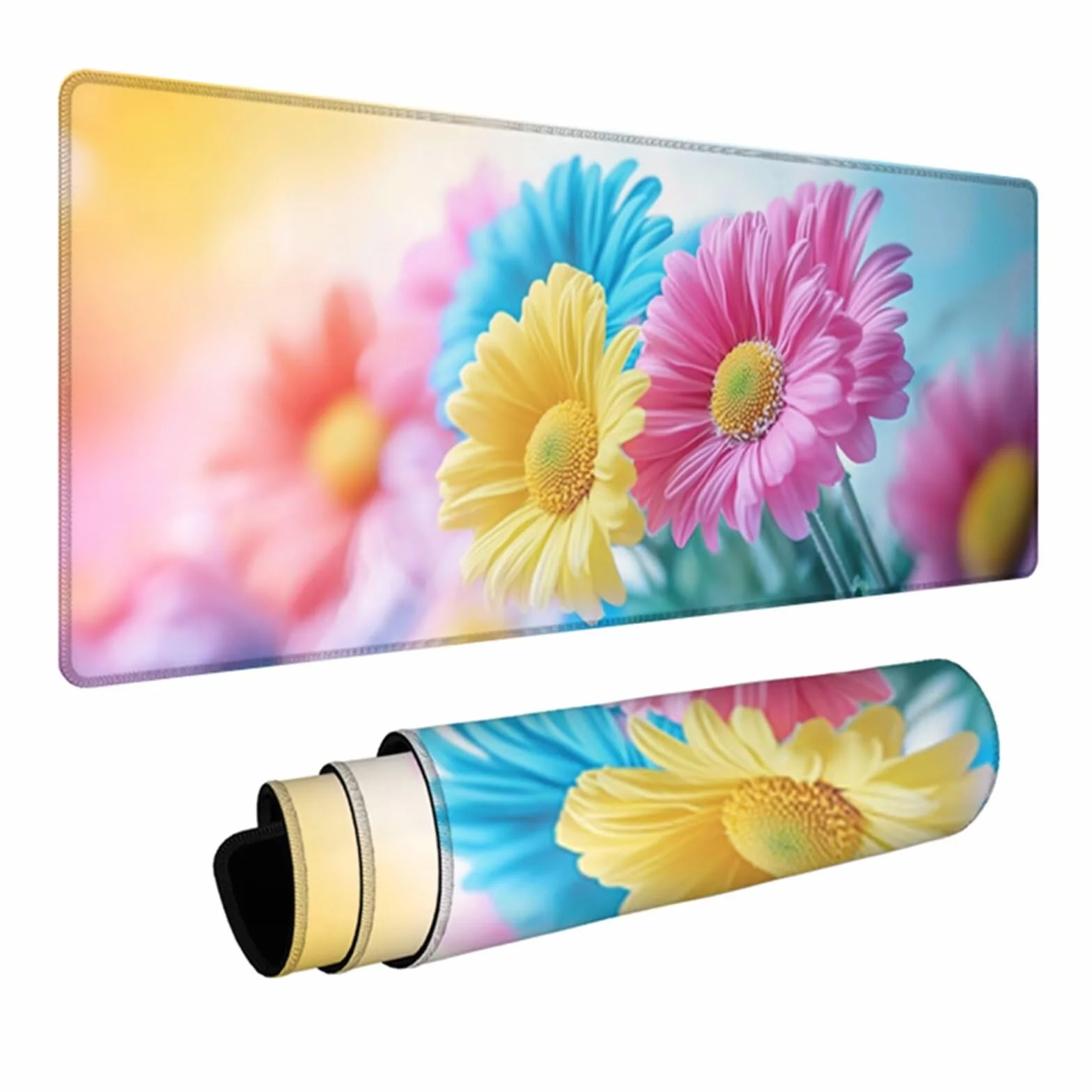 Kwiatowa podkładka pod mysz, duża, kolorowa podkładka pod mysz do gier, 163 x 81 cm, podkładka na biurko z przeszytą krawędzią, podkładka pod mysz XXL, antypoślizgowa gumowa podstawa, akcesoria
