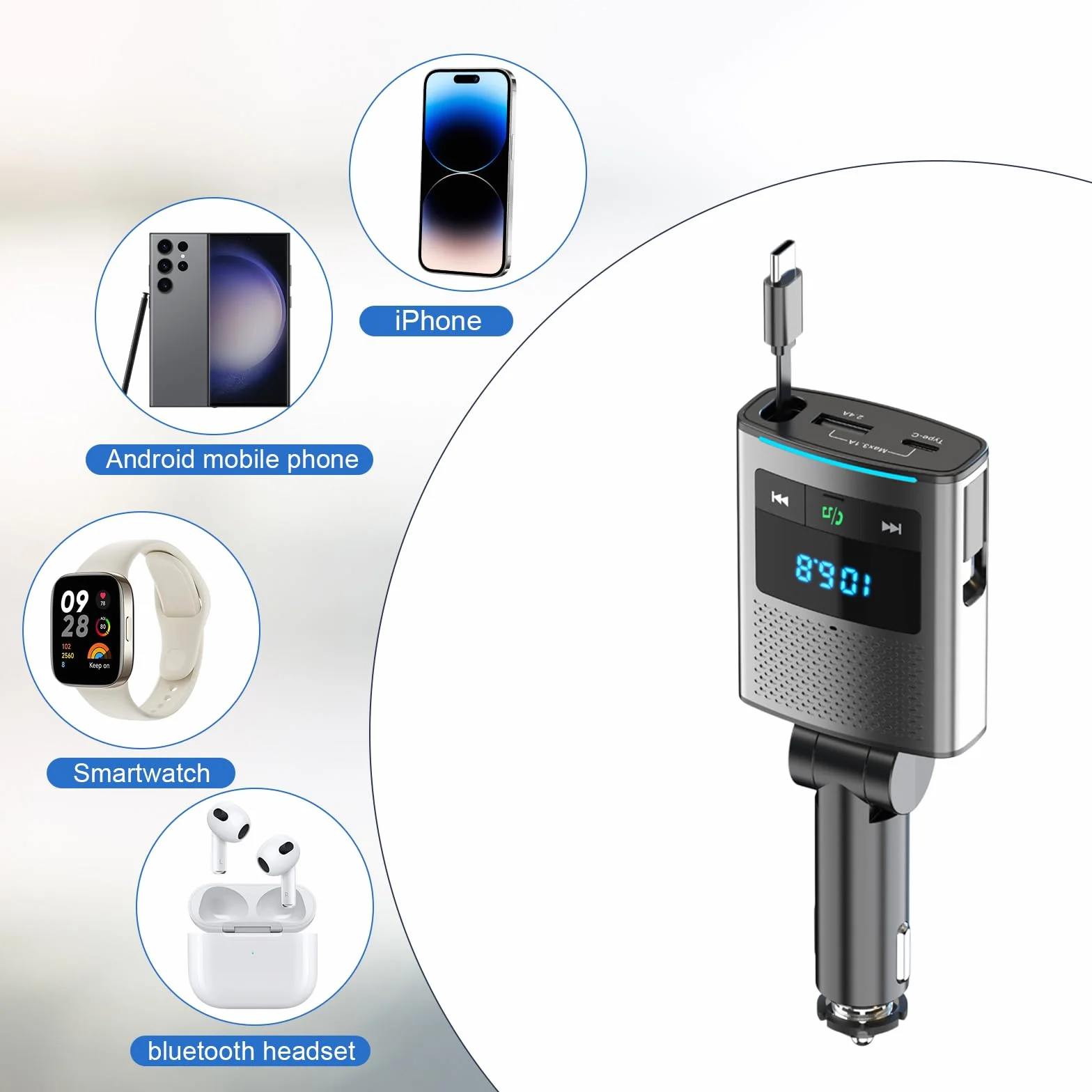 Adapter samochodowy 80,5 W, Bluetooth 5.3, 3 w 1, do gniazda zapalniczki samochodowej, USB i FM z wysuwanym kablem typu C, 24 V/12 V, adapter USB do samochodu z zestawem głośnomówiącym do iPhone'a