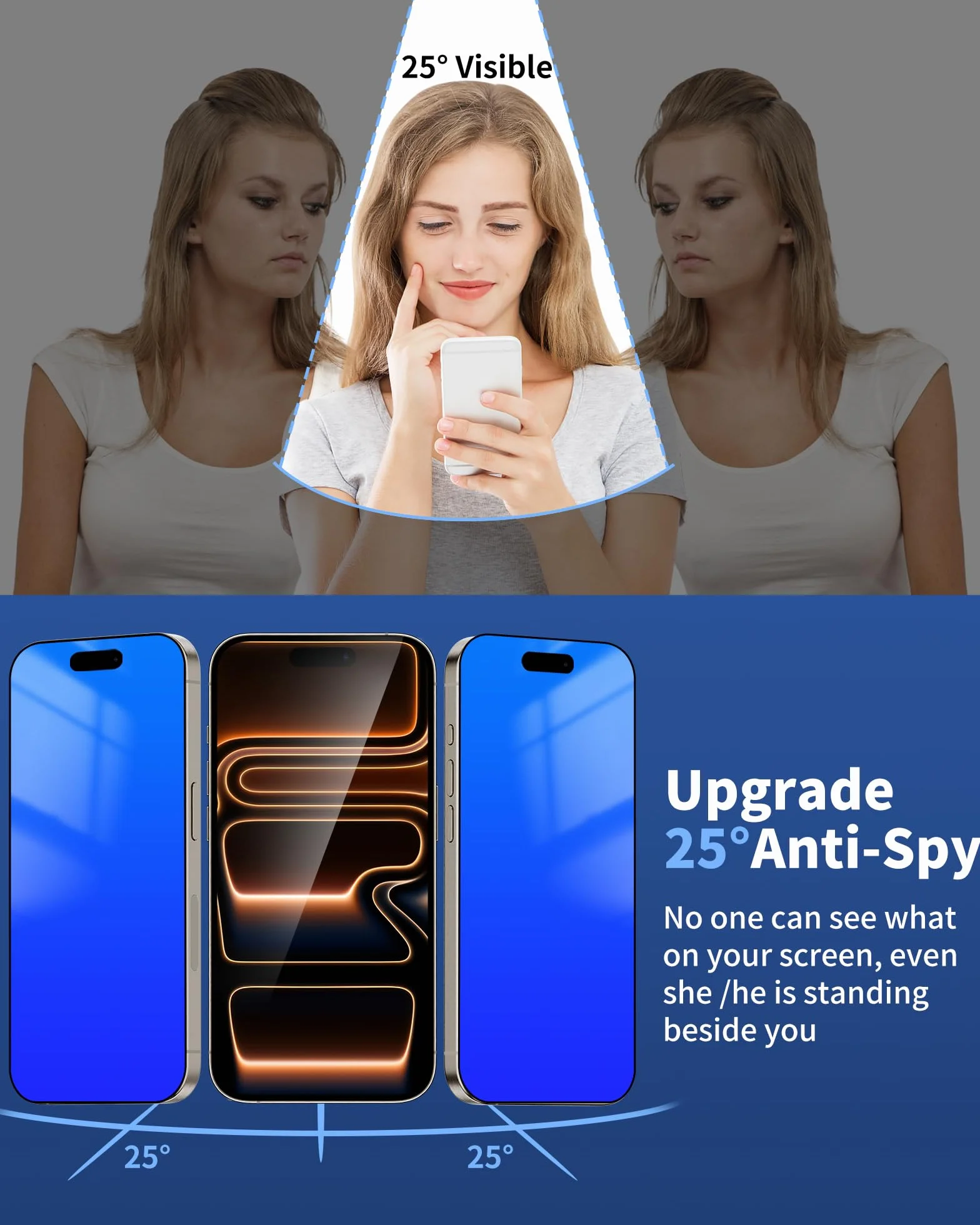 Folia ochronna na ekran do iPhone'a 17, gradientowe, kolorowe, odporne na szpiegowskie szkło hartowane do iPhone'a 17, 25°, odporna na zarysowania, niebieska (16 cm, niebieski)