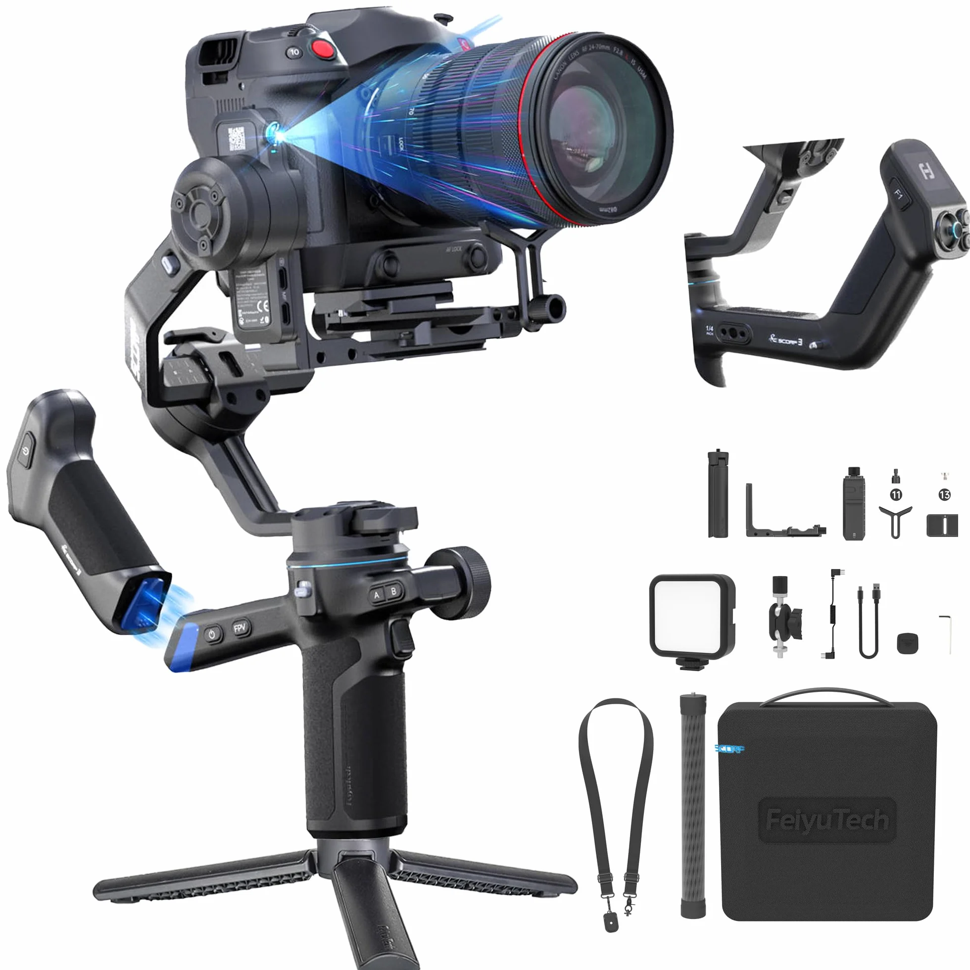 FeiyuTech SCORP 3 KIT Stabilizator kardanowy dla kamery, wbudowany śledzenie AI, stabilizator bezlusterkowca DSLR dla Sony/Canon/Nikon/Fujifilm, maks. 3.5KG/7.72lbs, ekran dotykowy, natywne pionowe