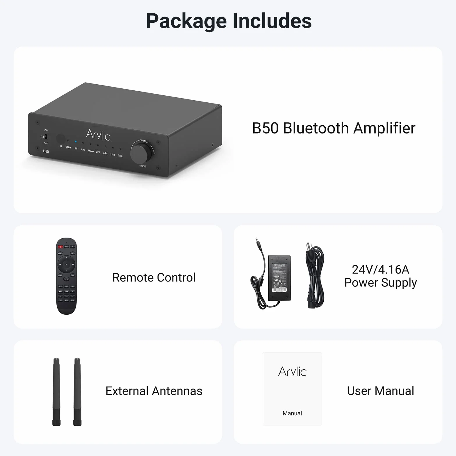 Arylic B50 wzmacniacz z Bluetooth, wzmacniacz stereo, 2-kanałowy 50 W x 2 Home Audio AMP, z HDMI, ARC, Opt, DAC, wejście Phono. Obsługuje transmisję i odbiór muzyki aptX High-Definition.