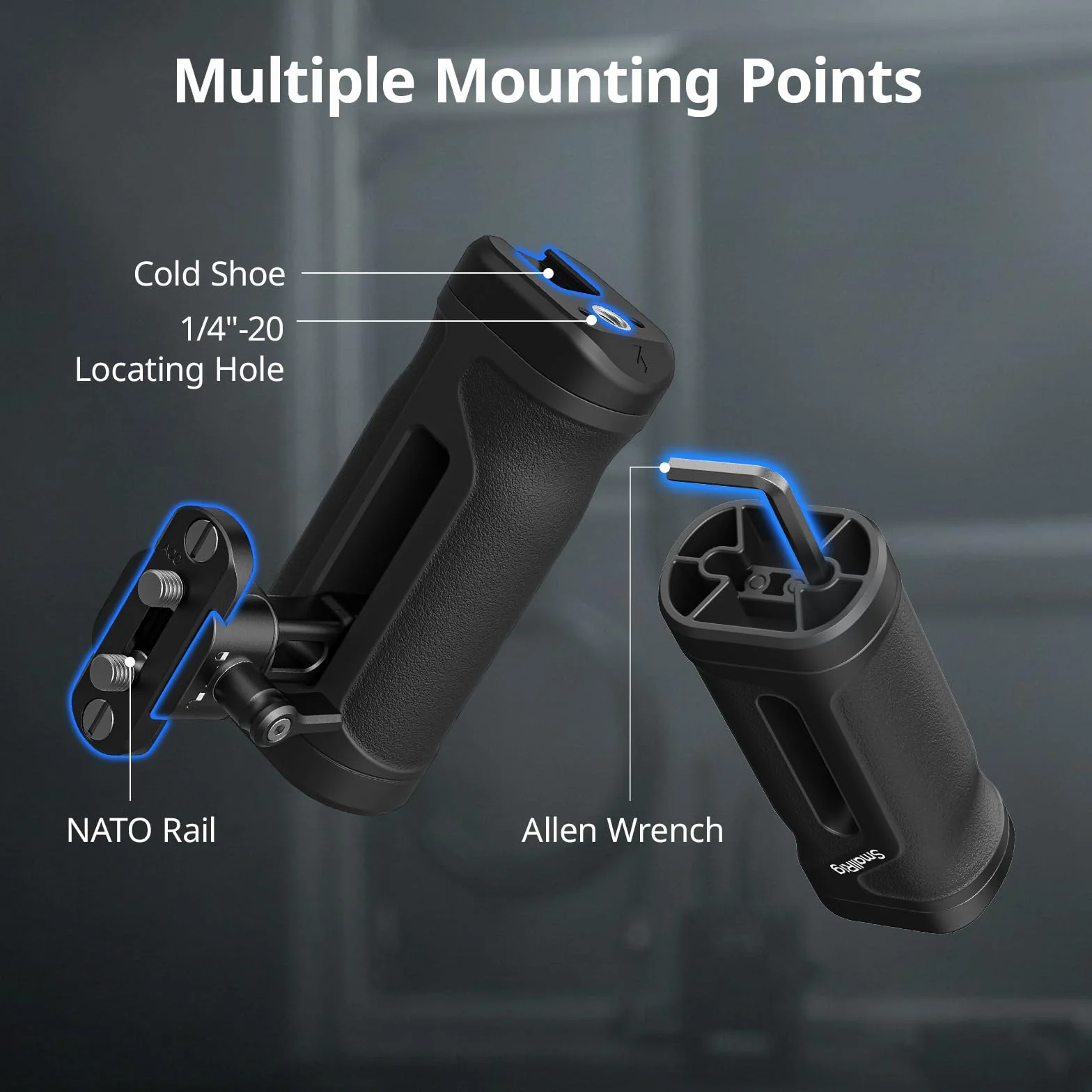 SMALLRIG Mini uchwyt boczny z szyną NATO lub śrubą mocującą 1/4"-20, ergonomiczny uchwyt do aparatu fotograficznego, regulowany w wysokości o 30 mm, zintegrowana stopka akcesoriów - 5948