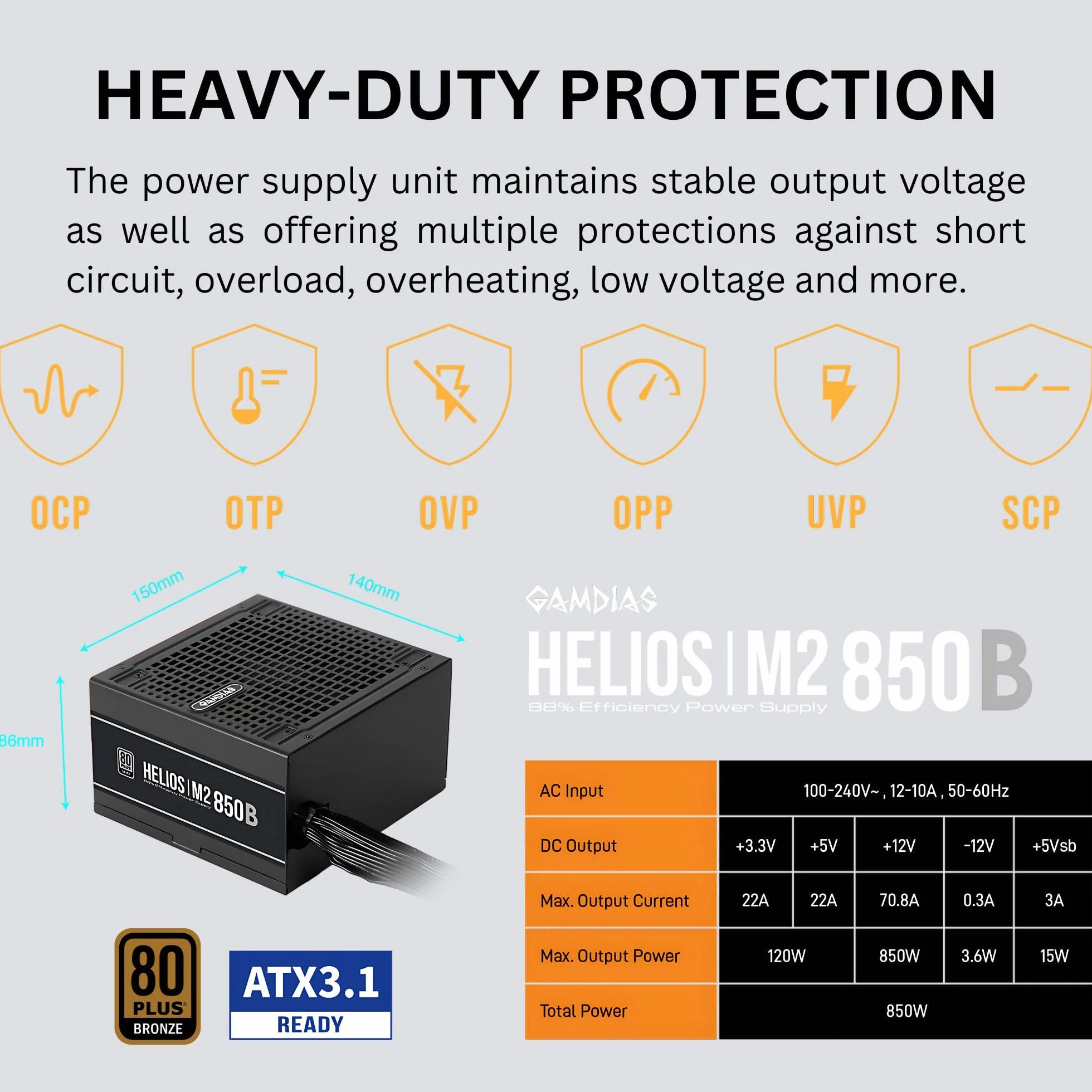 GAMDIAS ATX 3.1 & PCIe 5.1 850 W PSU Bronze, zasilacz gamingowy 850 W, ATX Gold 80+ Bronze 12 V zasilacz do komputera i aktywnego PFC