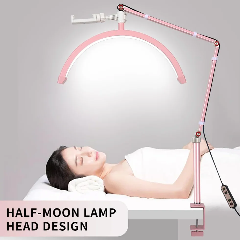 Andoer Lampa wideo LED, półksiężyc, 3000 K - 6000 K, ściemniana z zaciskiem C, do montażu na stole, stojak świetlny do salonu piękności, makijażu, streamingu na żywo, lampka nocna