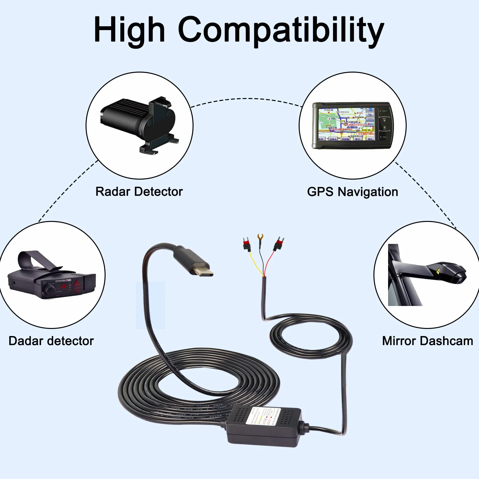 MEIRIYFA Zestaw kamery samochodowej ACC Hardwire, USB typu C Hardwire Dashcam Kit Step-Down kabel, 12 V-24 V do DC 5 V 3 A przewód zasilający ładowarki samochodowej - 3,5 m