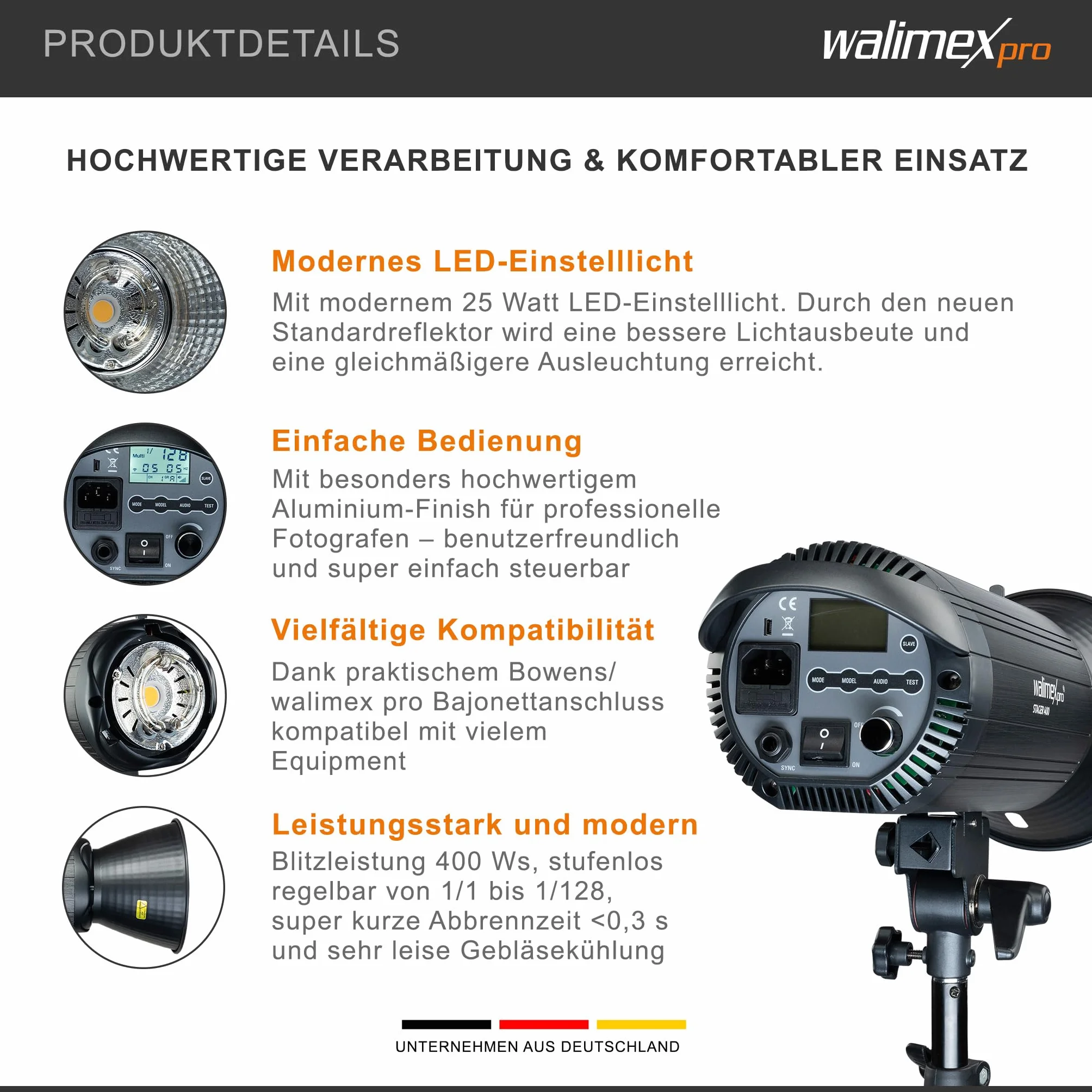 Walimex Pro Stager 400 HSS lampa studyjna – wydajna lampa studyjna z odbiornikiem 2,4 GHz, tryb HSS, 400 W, krótki czas palenia, światło LED do regulacji, dla profesjonalnych fotografów