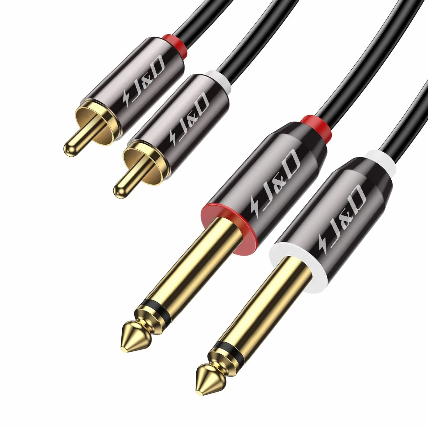 J&D 2 x 6,35 mm do 2 RCA, pozłacana miedziana powłoka wytrzymała 2 x 6,35 mm 1/4 cala męski TS do 2 RCA męski adapter stereo audio, 6 stóp