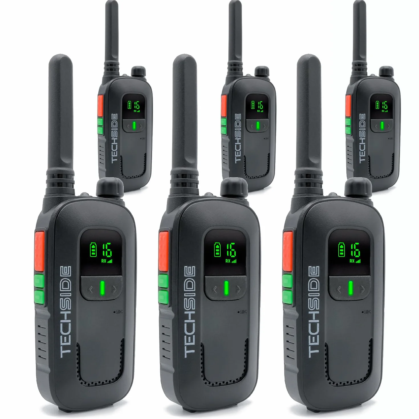 Techside TS-T2 Profesjonalna Krótkofalówka Walkie Talkie PMR446 16 Kanałów (Bez Zezwoleń) | VOX 5 Poziomów | Automatyczne Skanowanie Kanałów | Słuchawka i Ładowarka USB Pełny Zestaw | Zestaw 6 szt.