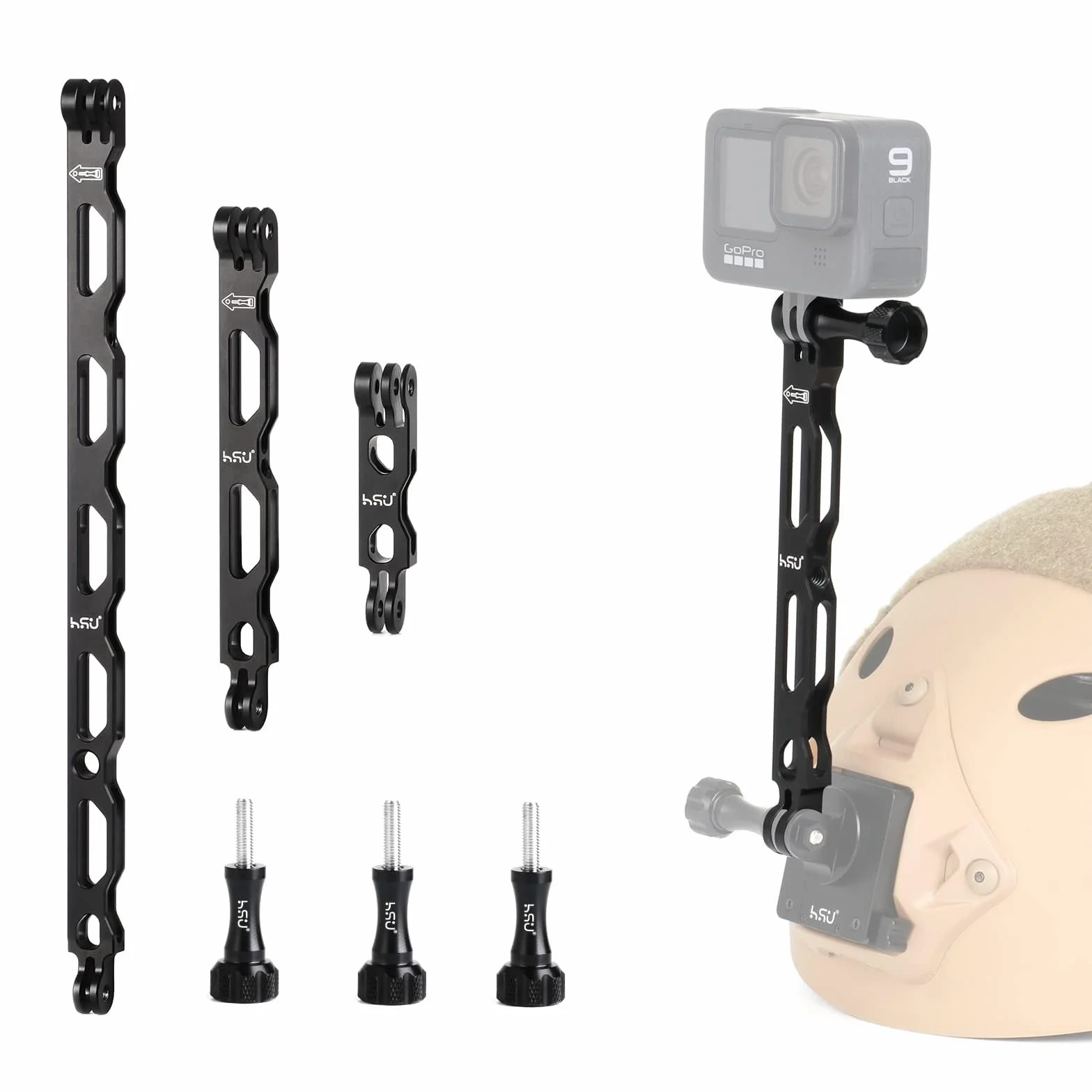 HSU Ramię przedłużające do GoPro, zestaw do montażu kamery sportowej ze stopu aluminium, uchwyty na kask do Hero 13/12/11/10/9/8/7/6/5/4/3(czarny)
