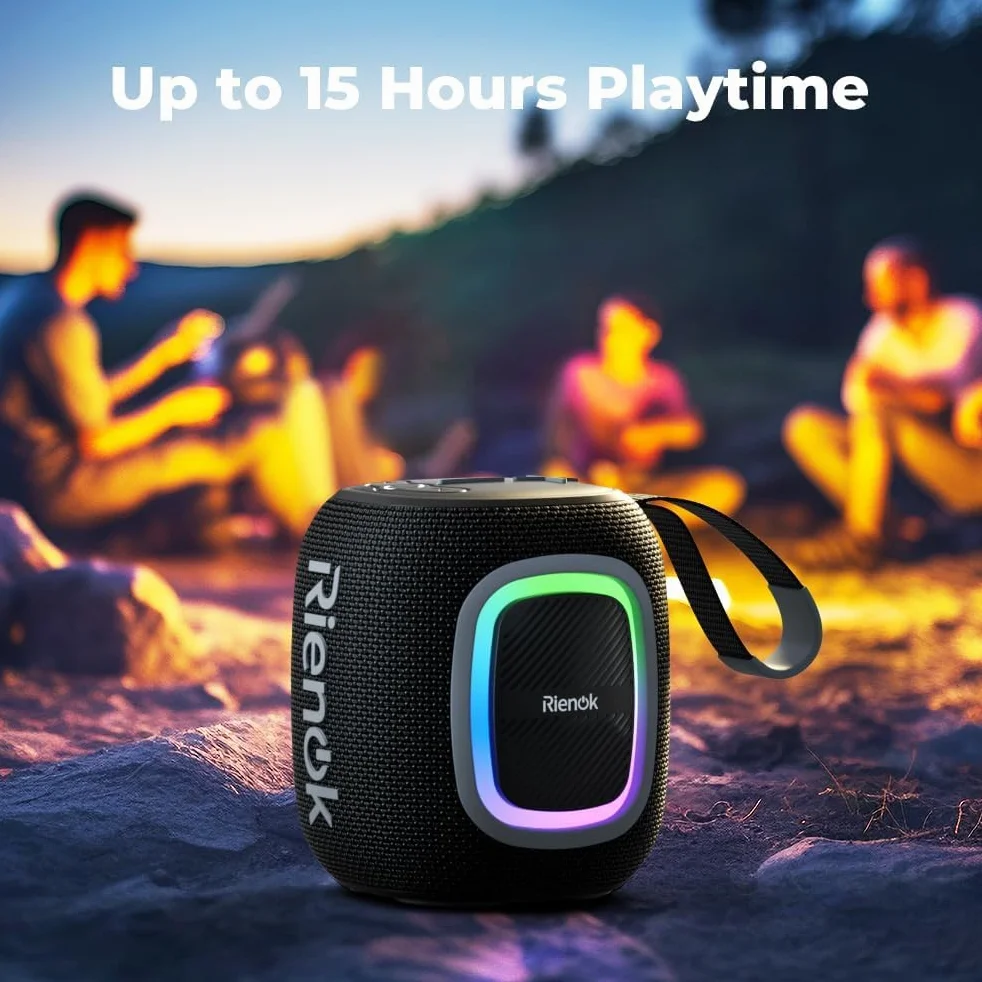 RIENOK Głośnik Bluetooth Bezprzewodowy Wodoodporny Mini Radio FM 15 Godzin Bluetooth 5.3 Karta TF USB Czarny