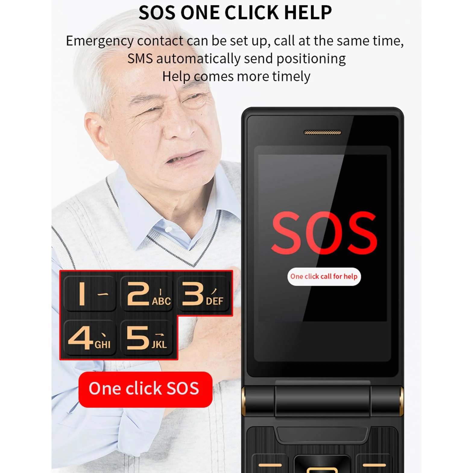 Jectse Odblokowany telefon z klapką, duże przyciski i głośność, telefon komórkowy dla seniorów, wytrzymały, prosty telefon komórkowy z przyciskiem SOS i latarką, dwa monitory i dwie karty SIM,