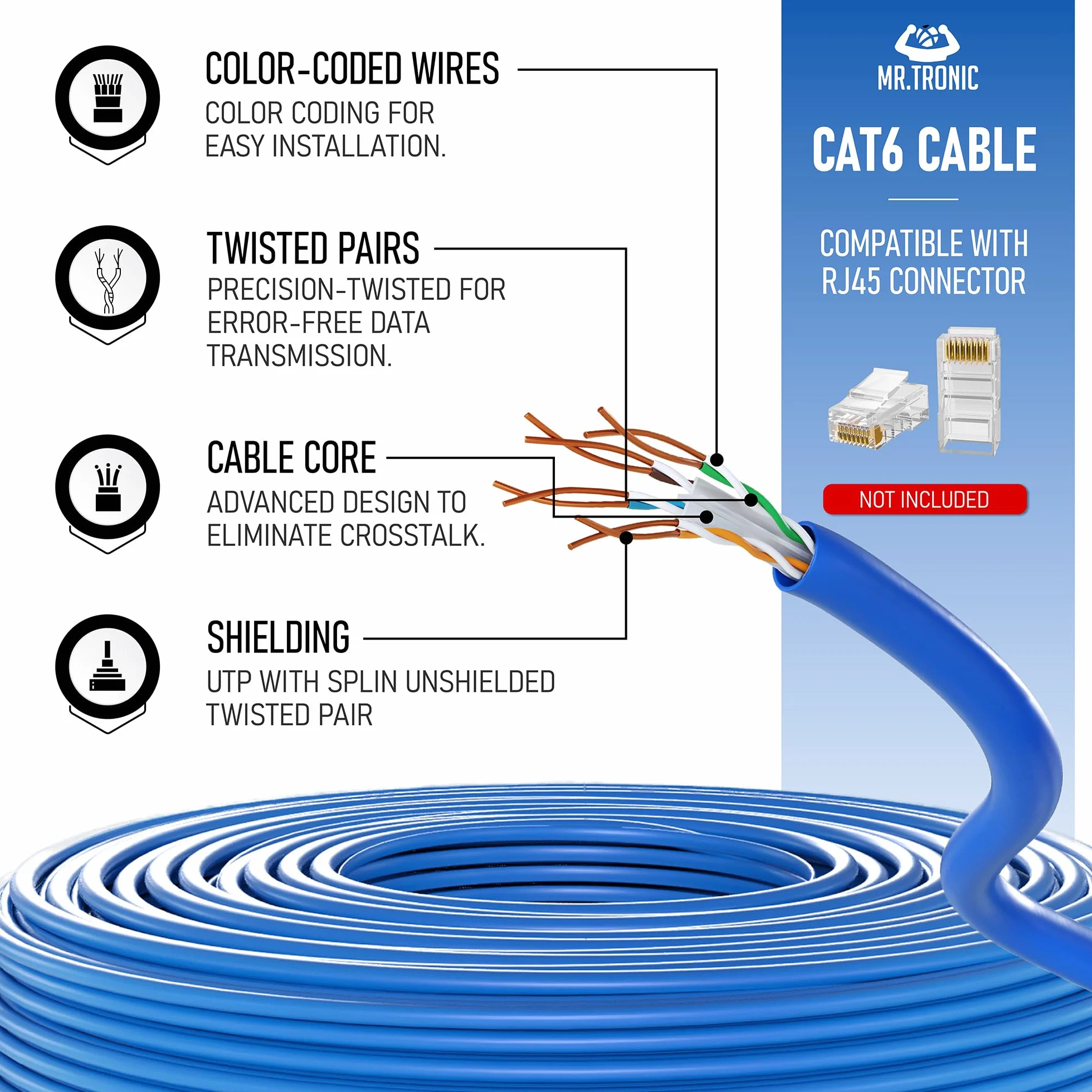 Mr. Tronic 50 m Ethernet kabel sieciowy | kabel instalacyjny | CAT6, AWG24, CCA, UTP, RJ45 (50 metrów, niebieski)