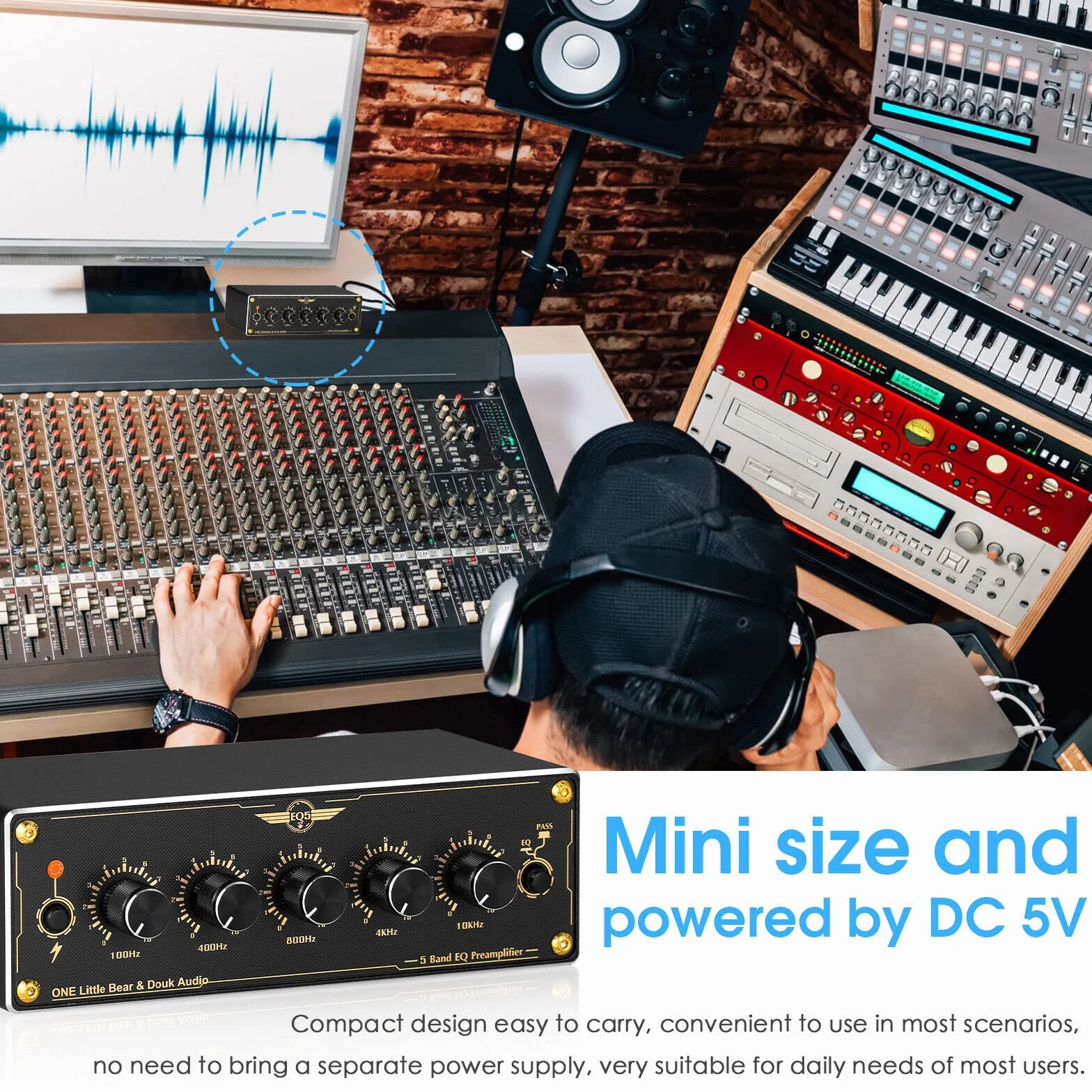 Douk Audio EQ5 mini przedwzmacniacz 5-pasmowy EQ przedamp stereo, analogowy equalizer, przenośny procesor audio do domu/samochodu (EQ5)