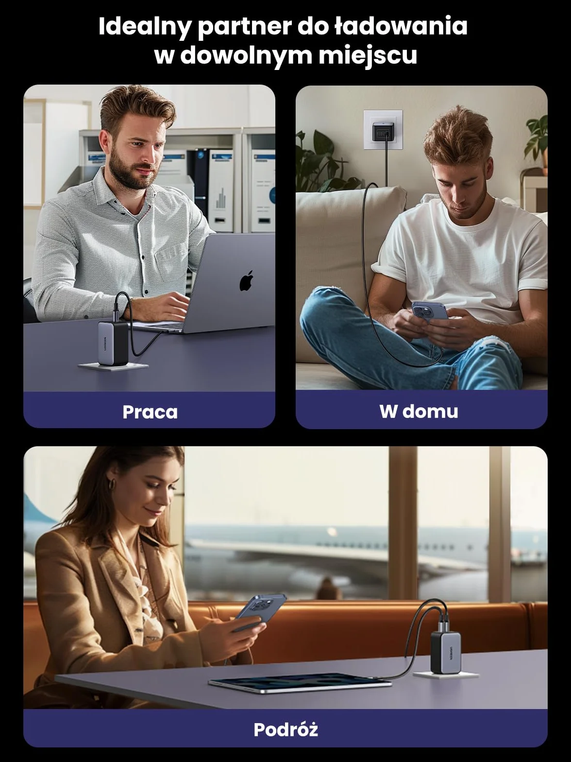 UGREEN Nexode Ładowarka 65 W USB-C z 3 portami USB-C, ładowarka do laptopa | Zasilacz GaN, kompaktowa szybka ładowarka PPS, kompatybilna z MacBookiem Pro, iPhone'em 17 Air, 16, Galaxy S25 Ultra