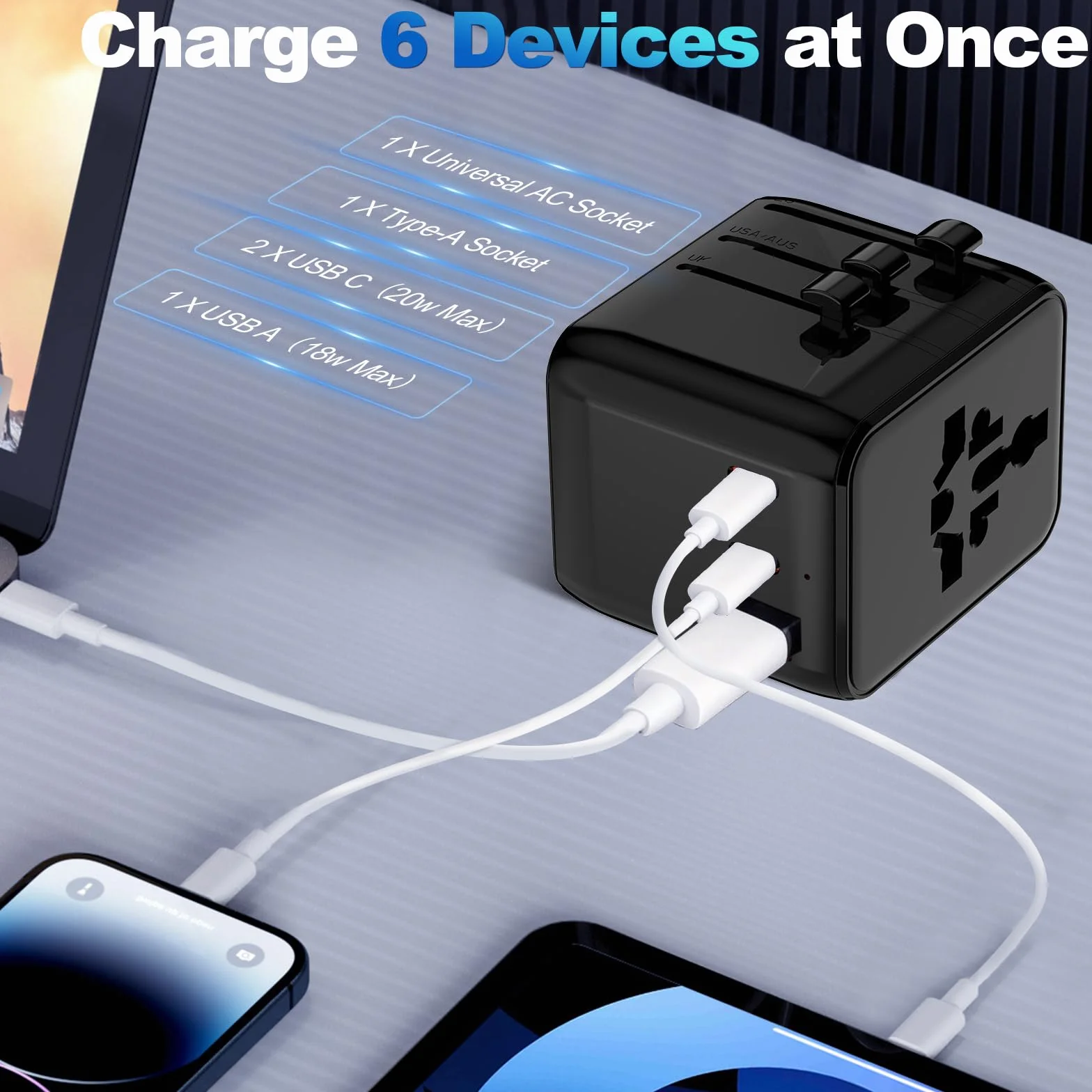 Uniwersalny adapter podróżny 20 W, międzynarodowy adapter podróżny