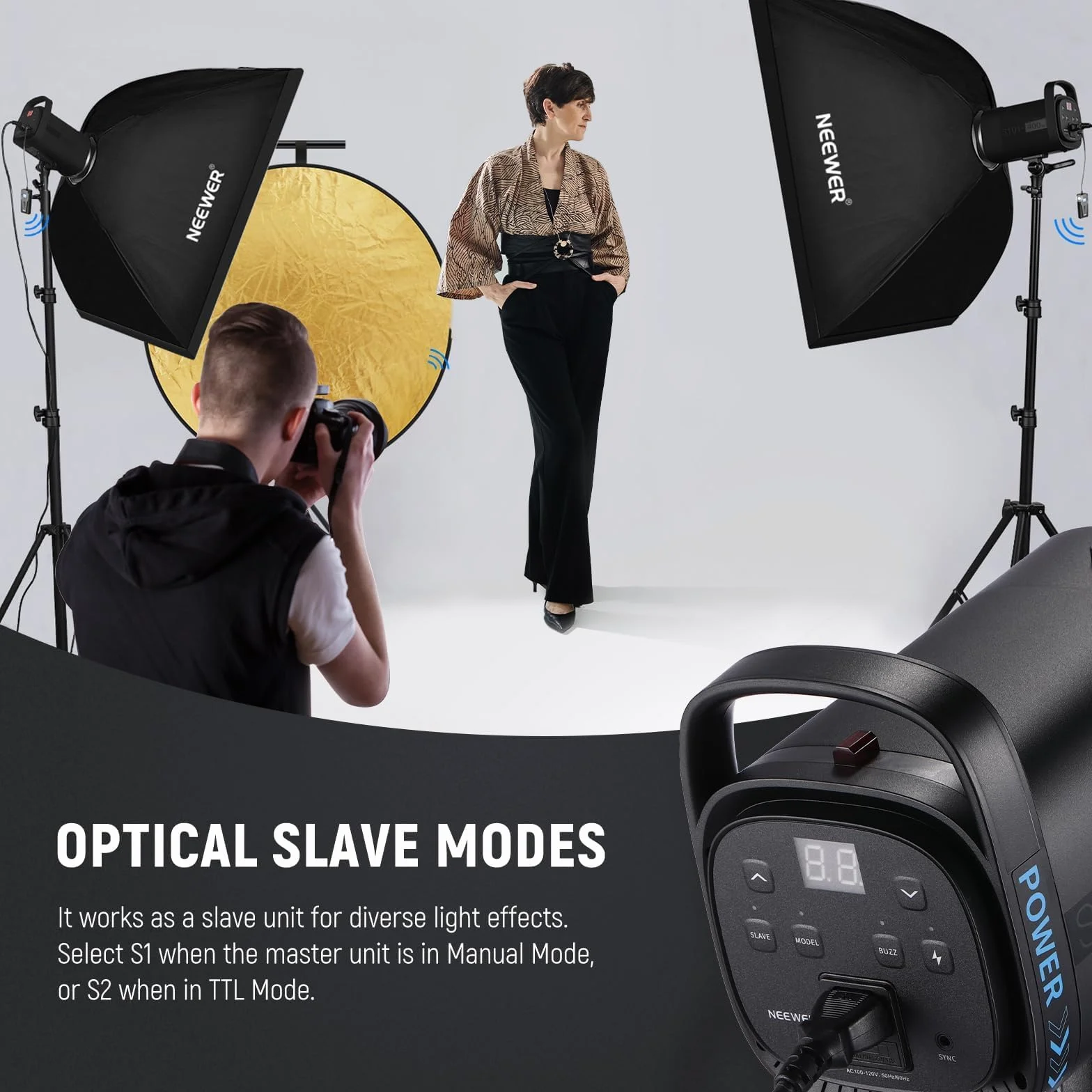 NEEWER Stroboskopowa lampa błyskowa S101-400 W z 9 poziomami, lampa do modelowania 150 W, 400 W GN65 5600K ze standardowym reflektorem Bowens, cichy wentylator w trybie S1/S2 do studia fotograficznego