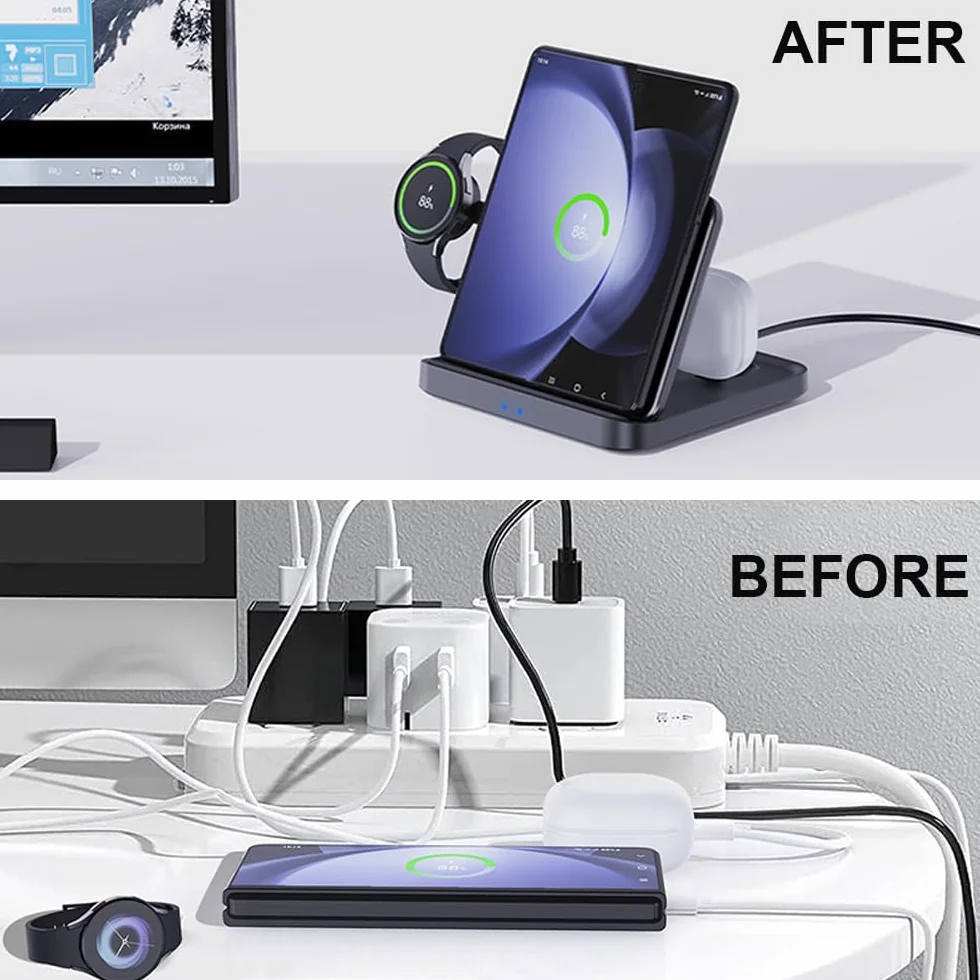 Bezprzewodowa Ładowarka, 15W Ładowanie Stacja Ładująca, Stojak do Ładowarki Bezprzewodowej LED Adaptacyjny, Ładująca Podstawka dla iPhone 17 16 15 14 13 12 Pro Max Samsung S24 S23 etc