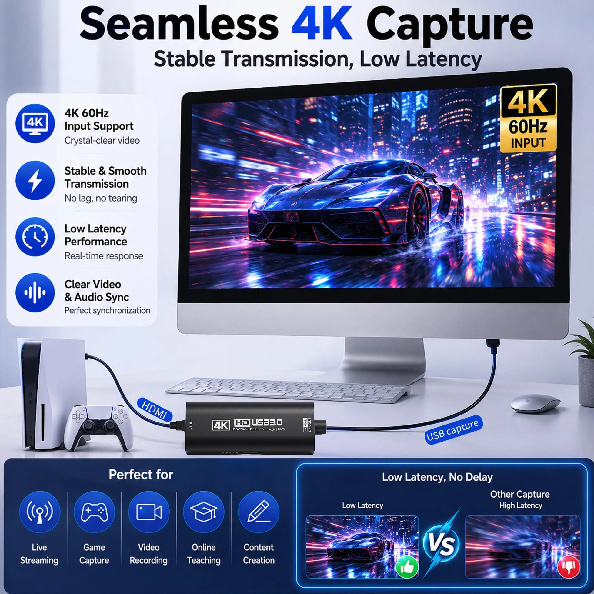 Guermok, Karta przechwytująca HDMI, 4K60FPS / 2K120FPS, PD100W, streaming | Streaming, nagrywanie i granie z niskim opóźnieniem, Obsługuje konsole przenośne, Plug & Play bez sterowników, kamery, PD100W