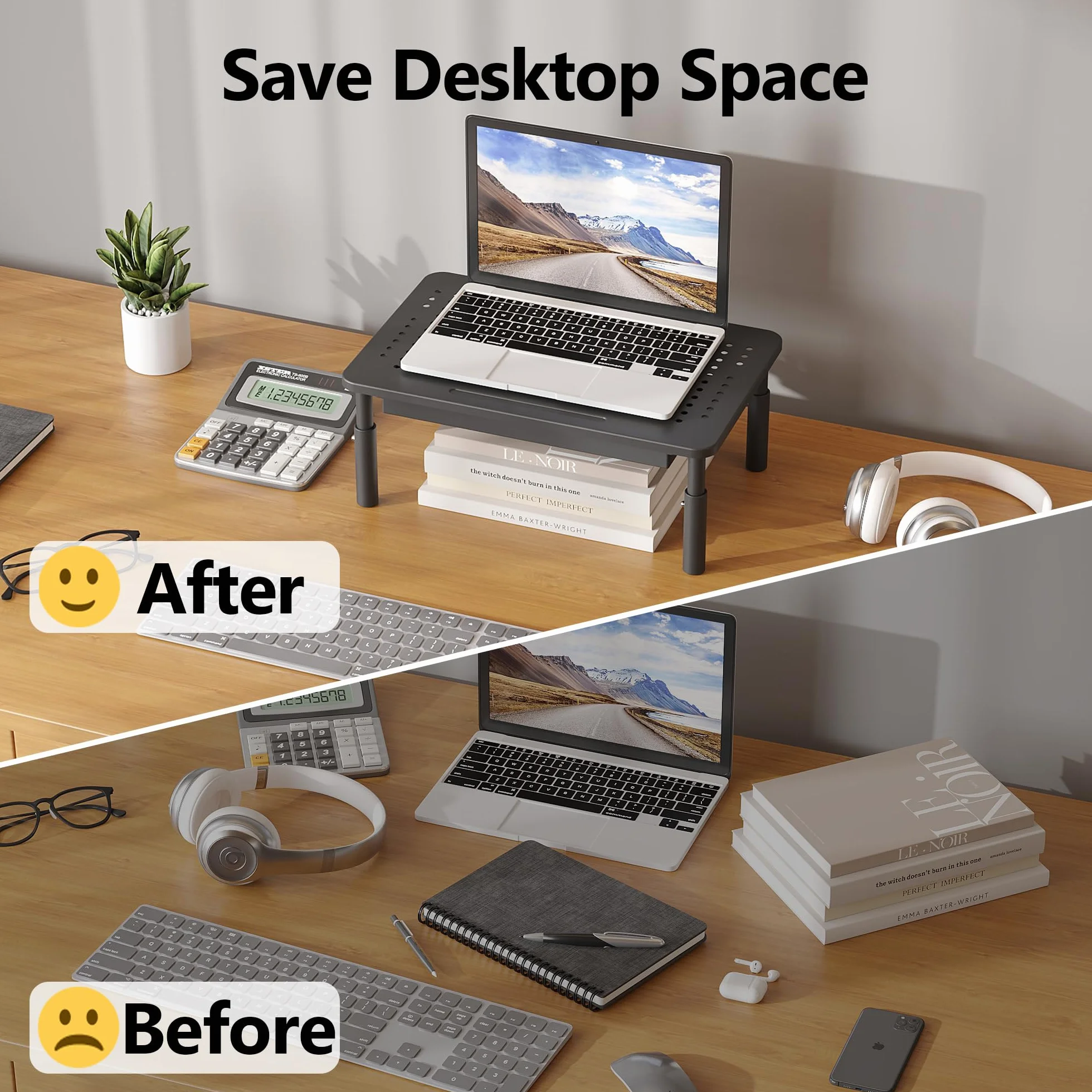 BONTEC Stojak na monitor z szufladą, 3 regulowane na wysokość, do monitora, laptopa, komputera, iMac, drukarki do 20 kg, w zestawie opaski kablowe