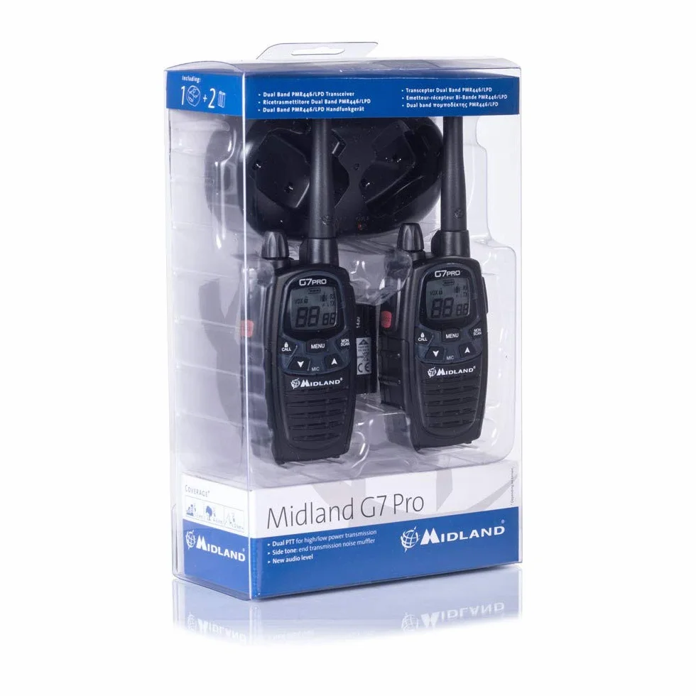 Midland G7 Pro PMR+LPD C1090.06 wytrzymałe urządzenie do profesjonalnego lub prywatnego użytkowania, z wyświetlaczem LCD, łącznie z podwójną ładowarką i klipsami do paska, 2 sztuki w zestawie
