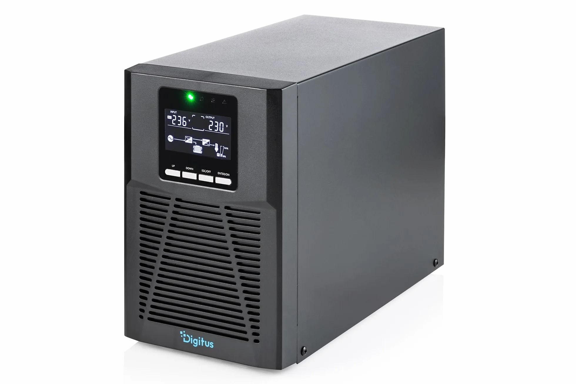DIGITUS Zasilacz awaryjny – system UPS typu online – 1 kVA 1 kW – 4 gniazda IEC C13 – współczynnik mocy 1,0 – oprogramowanie UPS – porty RS232, RJ45 i USB – obudowa typu tower – czarny