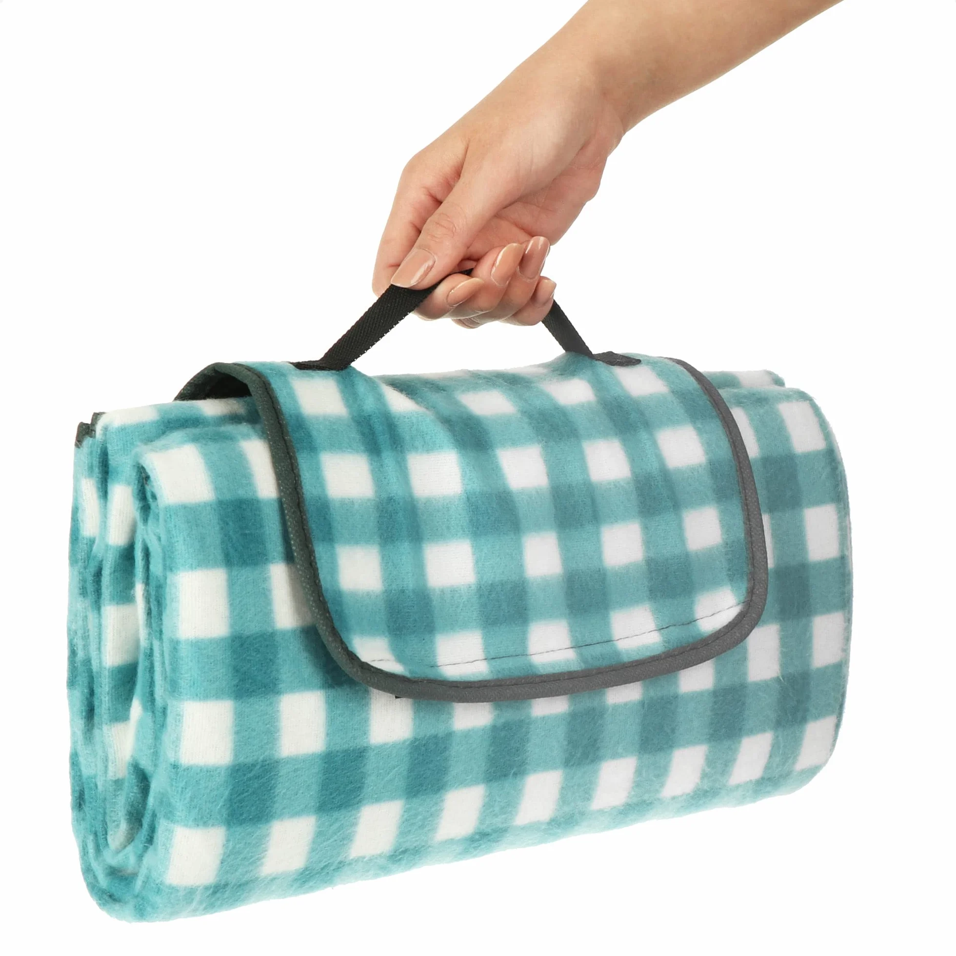 COM-FOUR® Koc piknikowy z wodoodpornym spodem i uchwytem do przenoszenia - powlekany polarowy koc na zewnatrz - mata plazowa, koc do zabawy [wybór zmienia sie] (01 sztuka - ciemna kratka)