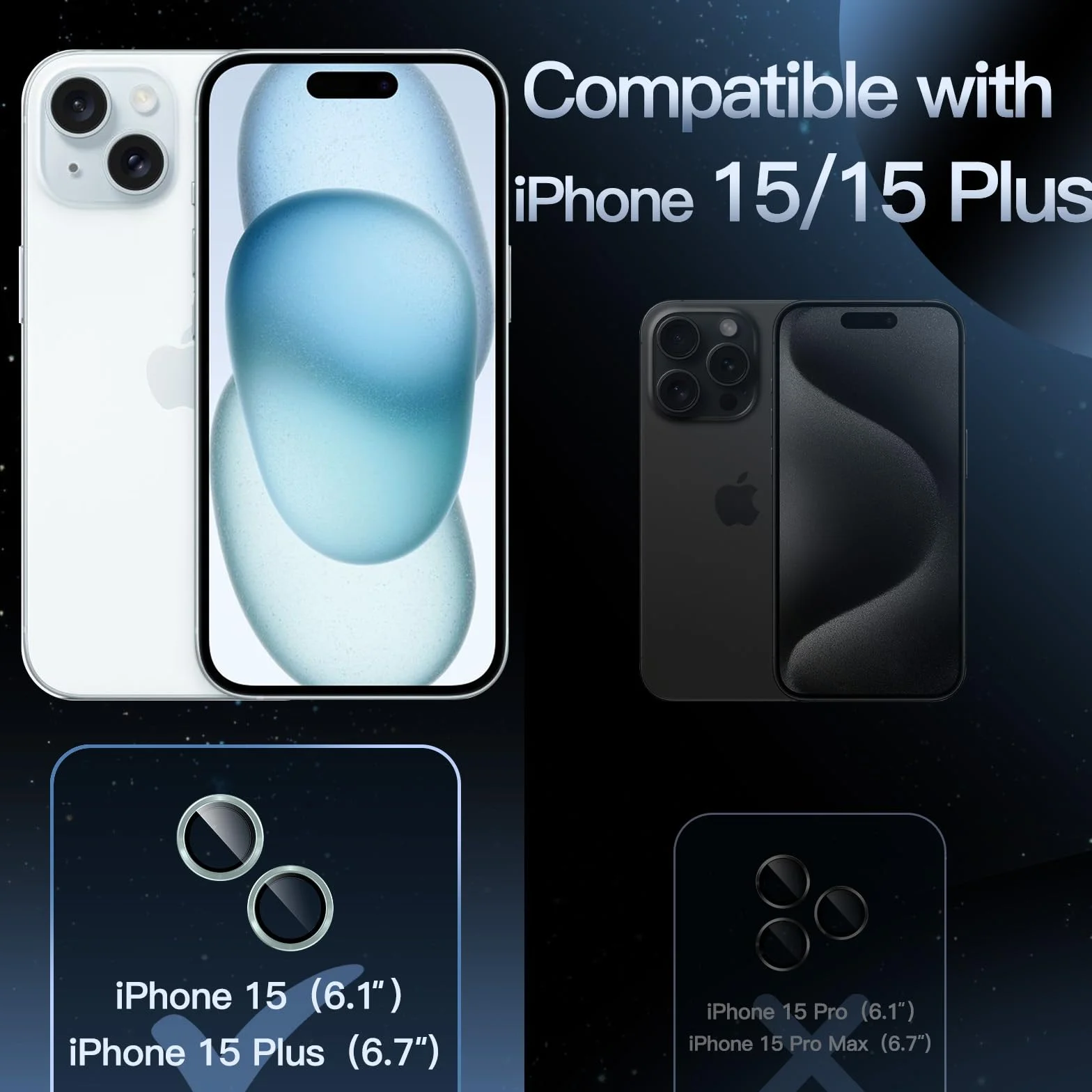 JETech Ochraniacz Obiektywu Aparatu dla iPhone 15/15 Plus, Niebieski | 1 Zestaw, Szkło Hartowane 9H, Metalowe Osłony Pierścieniowe, Przejrzystość HD