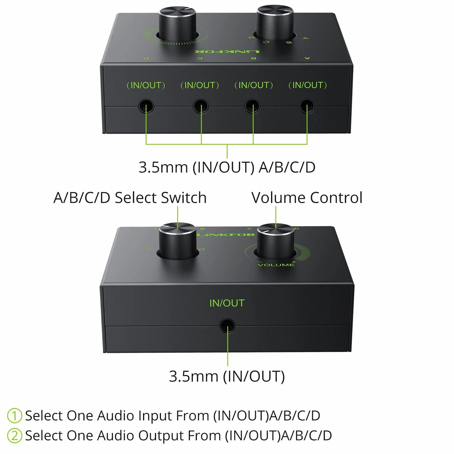 LiNKFOR 4-portowy przełącznik audio stereo 3,5 mm z regulacją głośności, dwukierunkowy przełącznik 1 w 4 wyjścia lub 4 w 1 wyjście AUX do słuchawek, głośników, komputera, laptopa, smartfona - nie